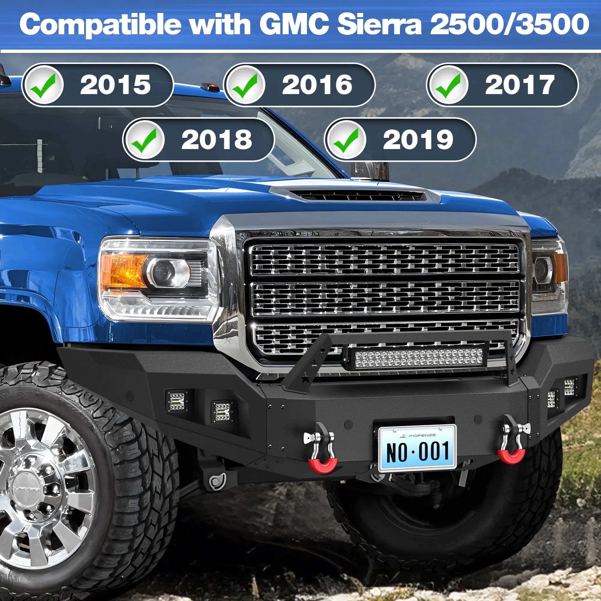Front Bumper Compatible with GMC Sierra 2500/3500 HD 2015-2019, Textured Black Pickup Truck Bumper for 2015-2019 GMC Sierra 2500 3500, with Winch Plate, Lights and D-rings POFENZE