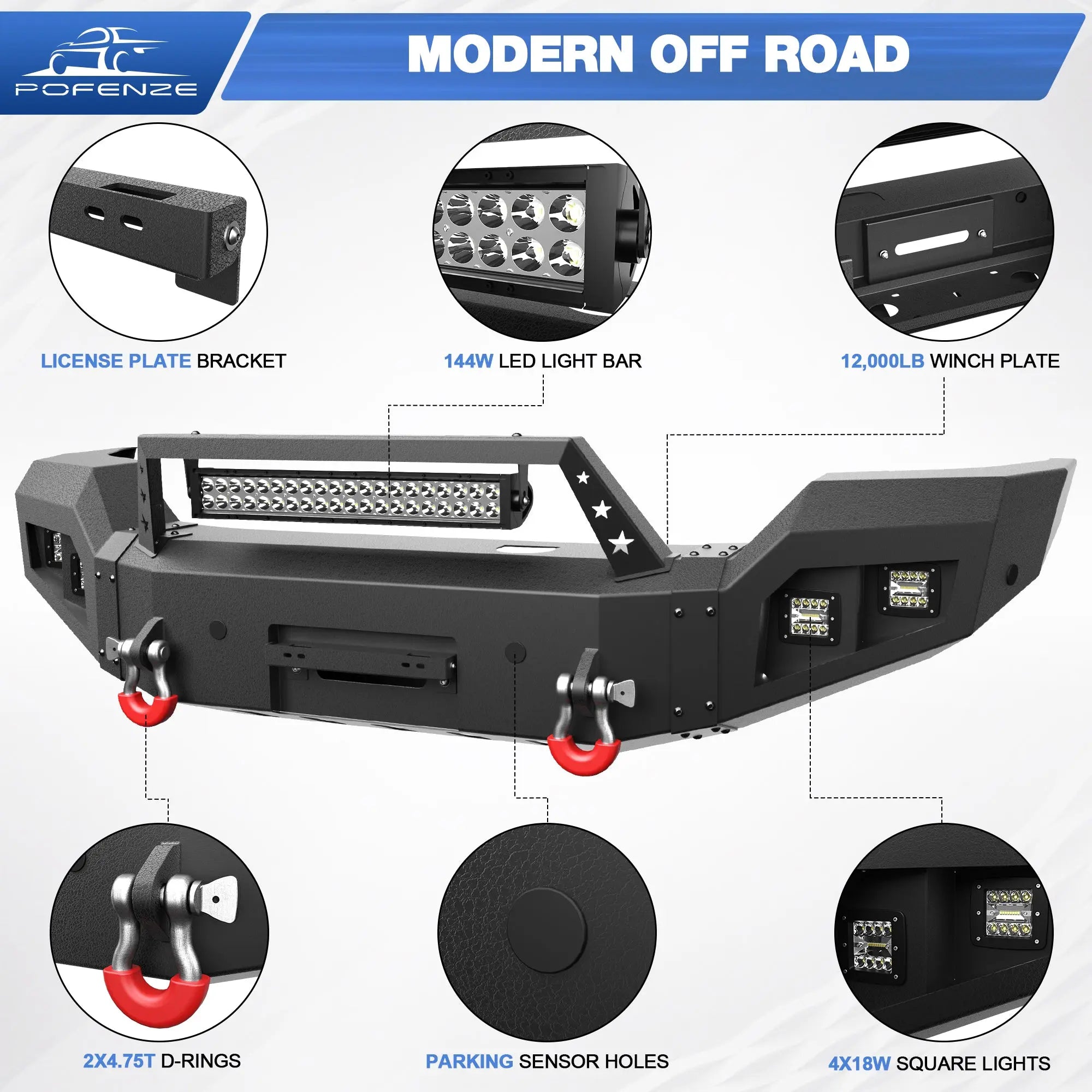 Front Bumper Compatible with GMC Sierra 2500/3500 HD 2015-2019, Textured Black Pickup Truck Bumper for 2015-2019 GMC Sierra 2500 3500, with Winch Plate, Lights and D-rings POFENZE