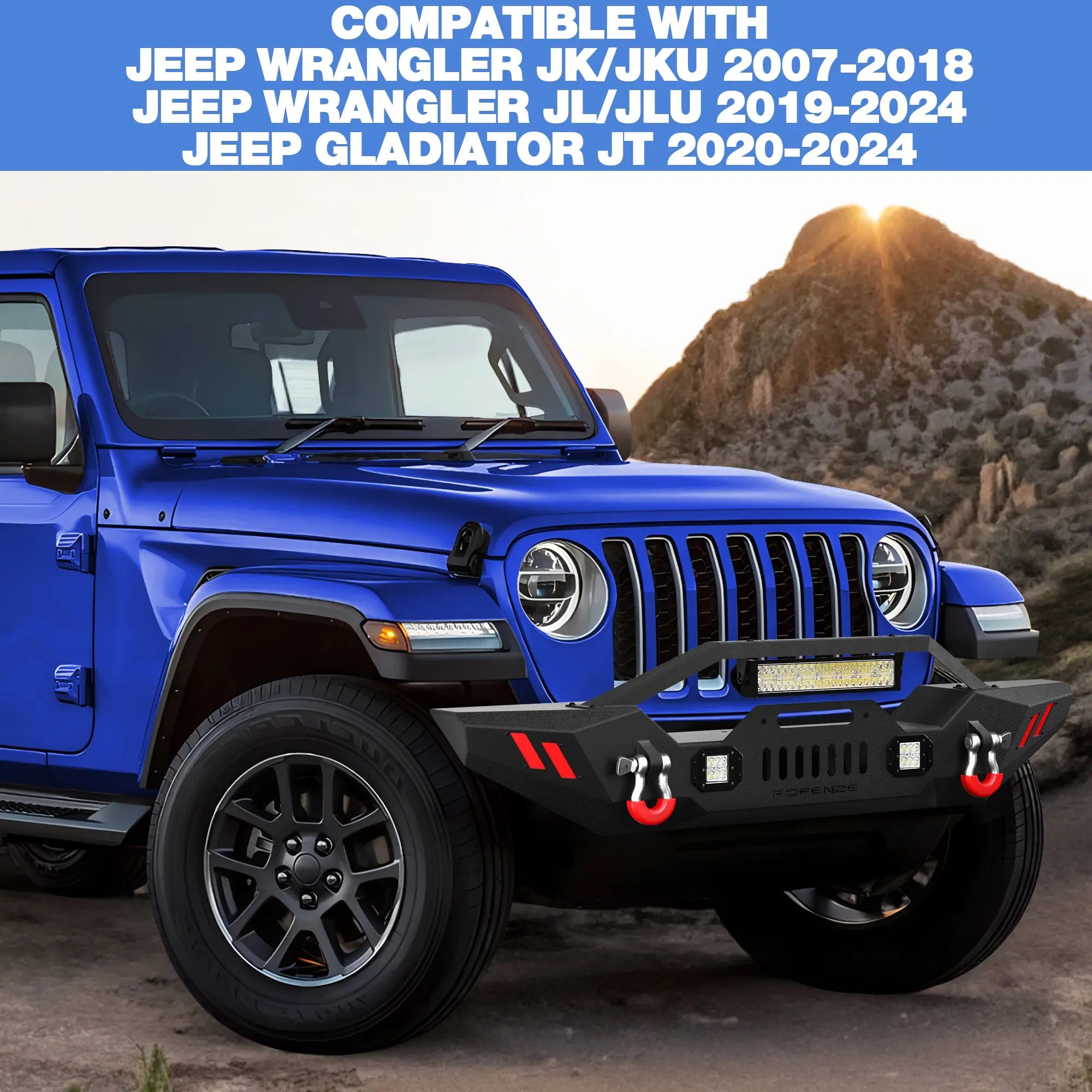 Front Bumper Compatible with Jeep Wrangler JK JL & Gladiator JT 2007-2024, Offroad Full Width Bumper with Winch Plate, 144W LED Light Bar & 2x18W Square Lights, 2 x D-Rings POFENZE