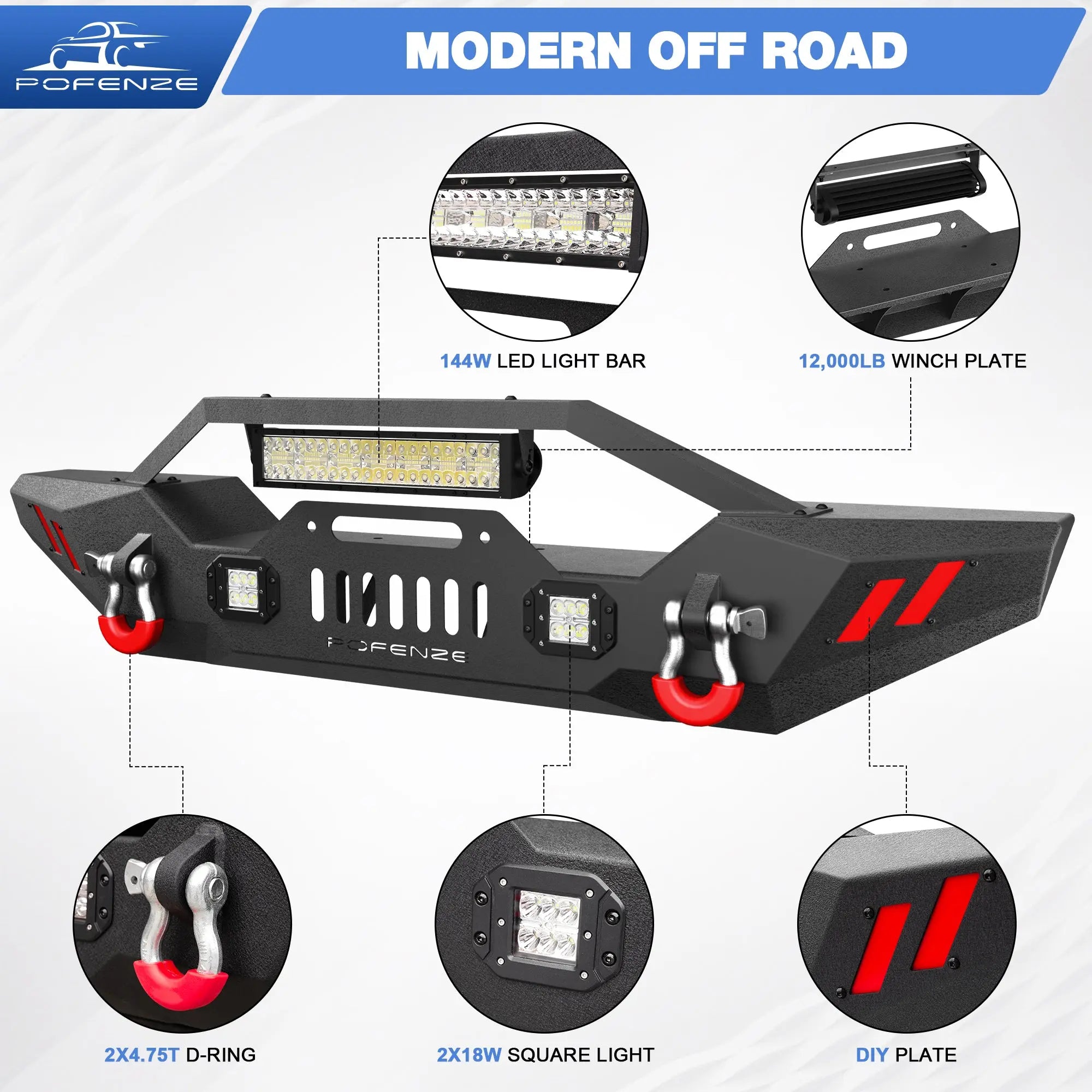 Front Bumper Compatible with Jeep Wrangler JK JL & Gladiator JT 2007-2024, Offroad Full Width Bumper with Winch Plate, 144W LED Light Bar & 2x18W Square Lights, 2 x D-Rings POFENZE