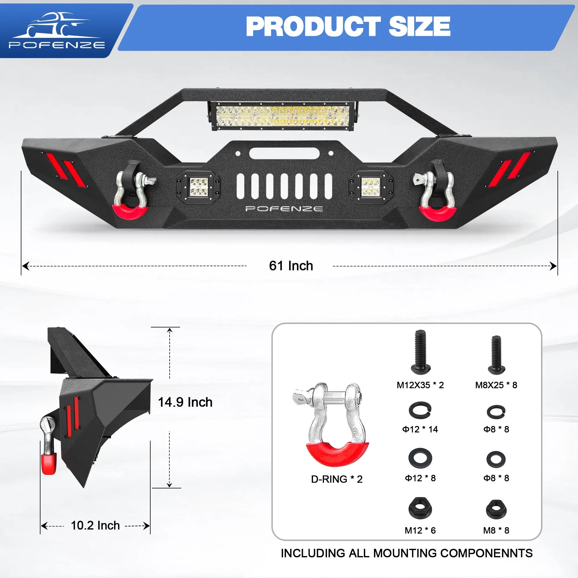 Front Bumper Compatible with Jeep Wrangler JK JL & Gladiator JT 2007-2024, Offroad Full Width Bumper with Winch Plate, 144W LED Light Bar & 2x18W Square Lights, 2 x D-Rings POFENZE