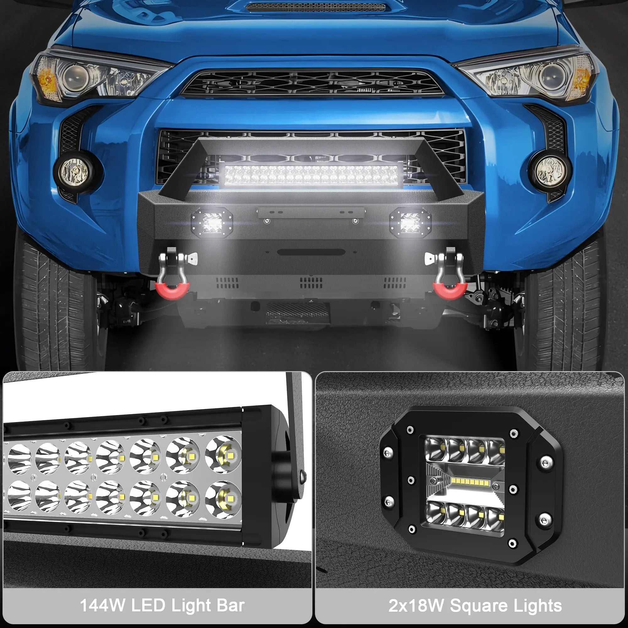 Front Bumper Compatible with Toyota 5th Gen 4Runner 2010-2023 Truck Bumper with 3 LED Lights D-rings POFENZE