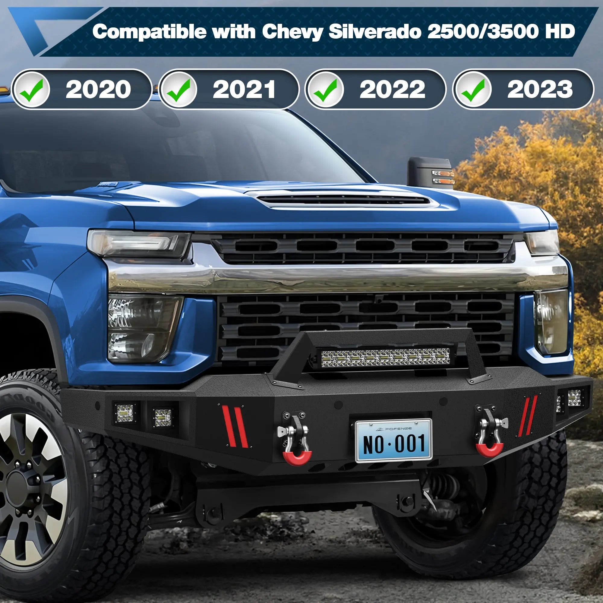 Front Bumper Full Width Offroad Bumper for 2020-2023 Chevrolet Silverado 2500/3500 w/Winch Plate, 144W Light Bar, 4x18w Lights, D-rings, License Plate Bracket POFENZE
