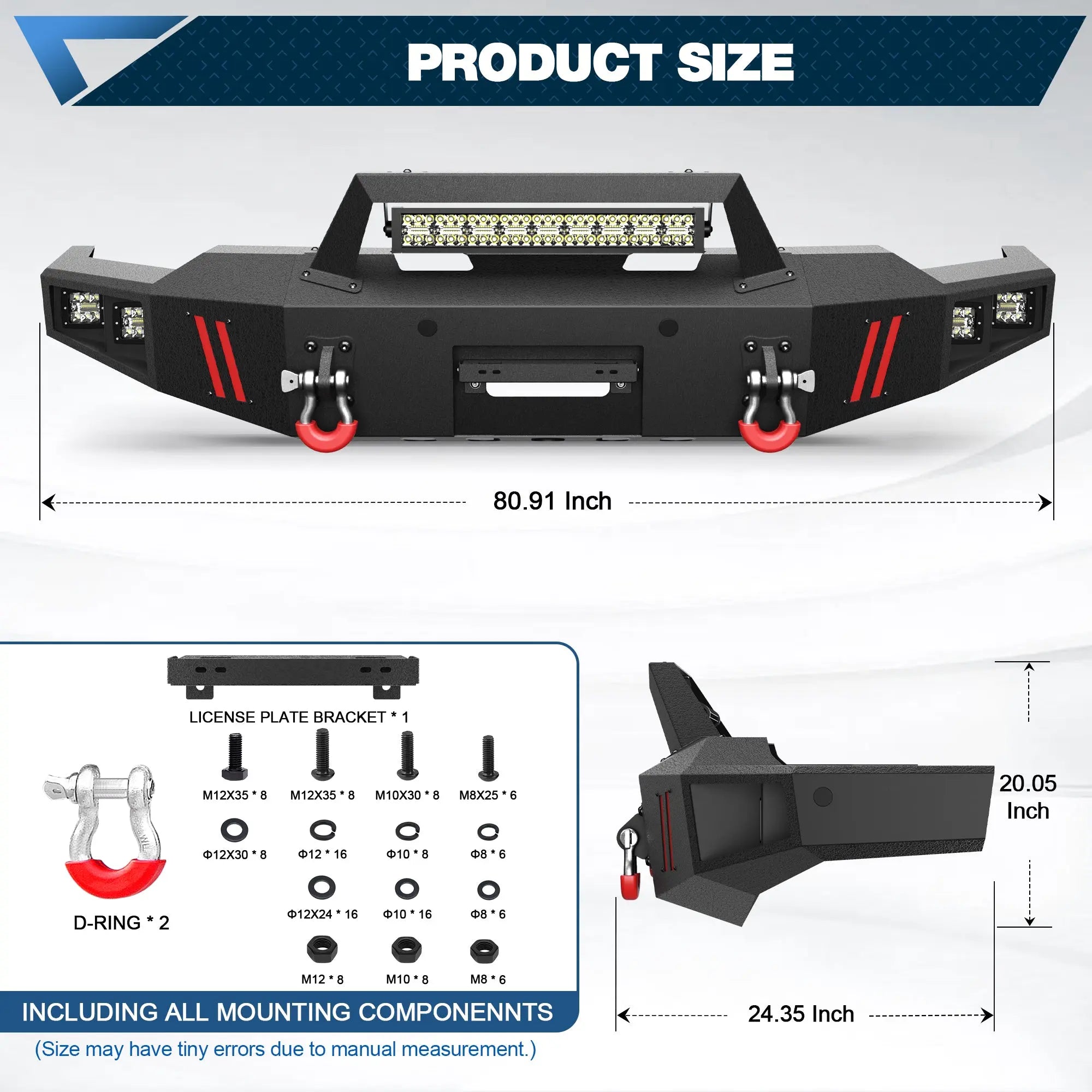 Front Bumper Full Width Offroad Bumper for 2020-2023 Chevrolet Silverado 2500/3500 w/Winch Plate, 144W Light Bar, 4x18w Lights, D-rings, License Plate Bracket POFENZE