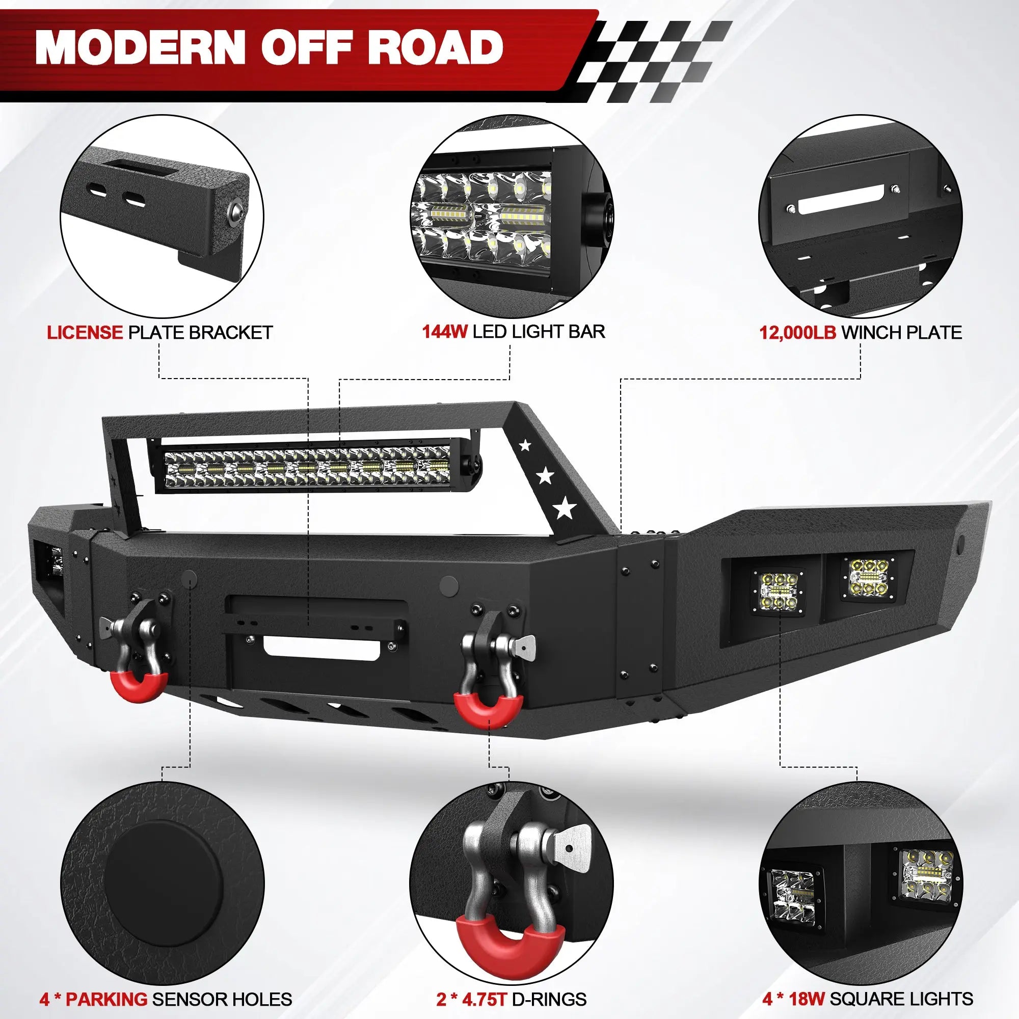Front Bumper + Rear Bumper Combo for Ford F150 2018 2019 2020 (Excluding Raptor) w/Winch Plate, LED Lights, License Plate Bracket， Textured Black Stainless Steel Pickup Bumper POFENZE