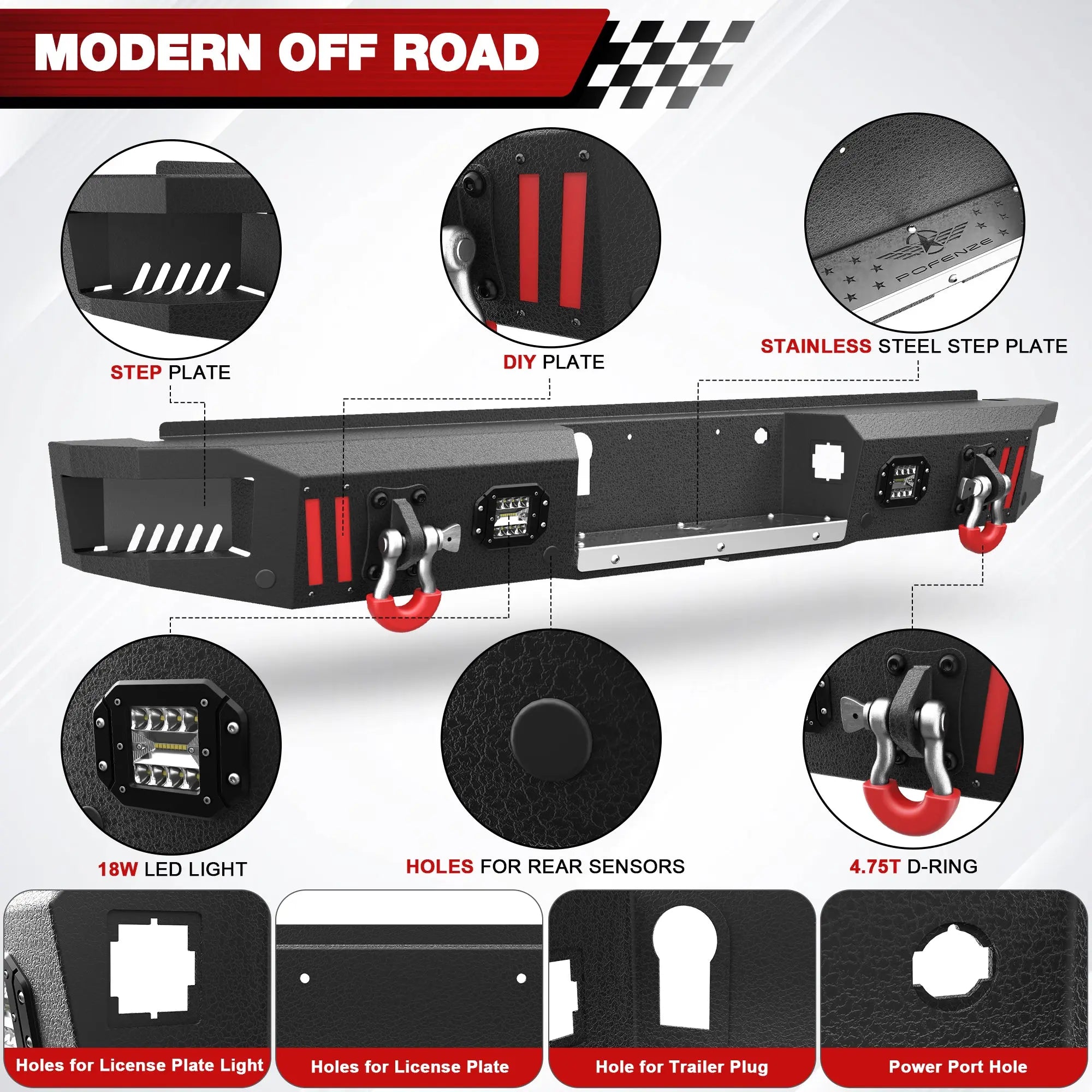 Front Bumper + Rear Bumper Combo for Ford F150 2018 2019 2020 (Excluding Raptor) w/Winch Plate, LED Lights, License Plate Bracket， Textured Black Stainless Steel Pickup Bumper POFENZE