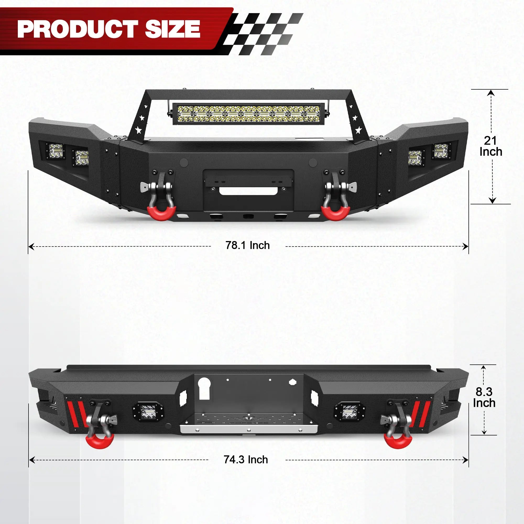 Front Bumper + Rear Bumper Combo for Ford F150 2018 2019 2020 (Excluding Raptor) w/Winch Plate, LED Lights, License Plate Bracket， Textured Black Stainless Steel Pickup Bumper POFENZE