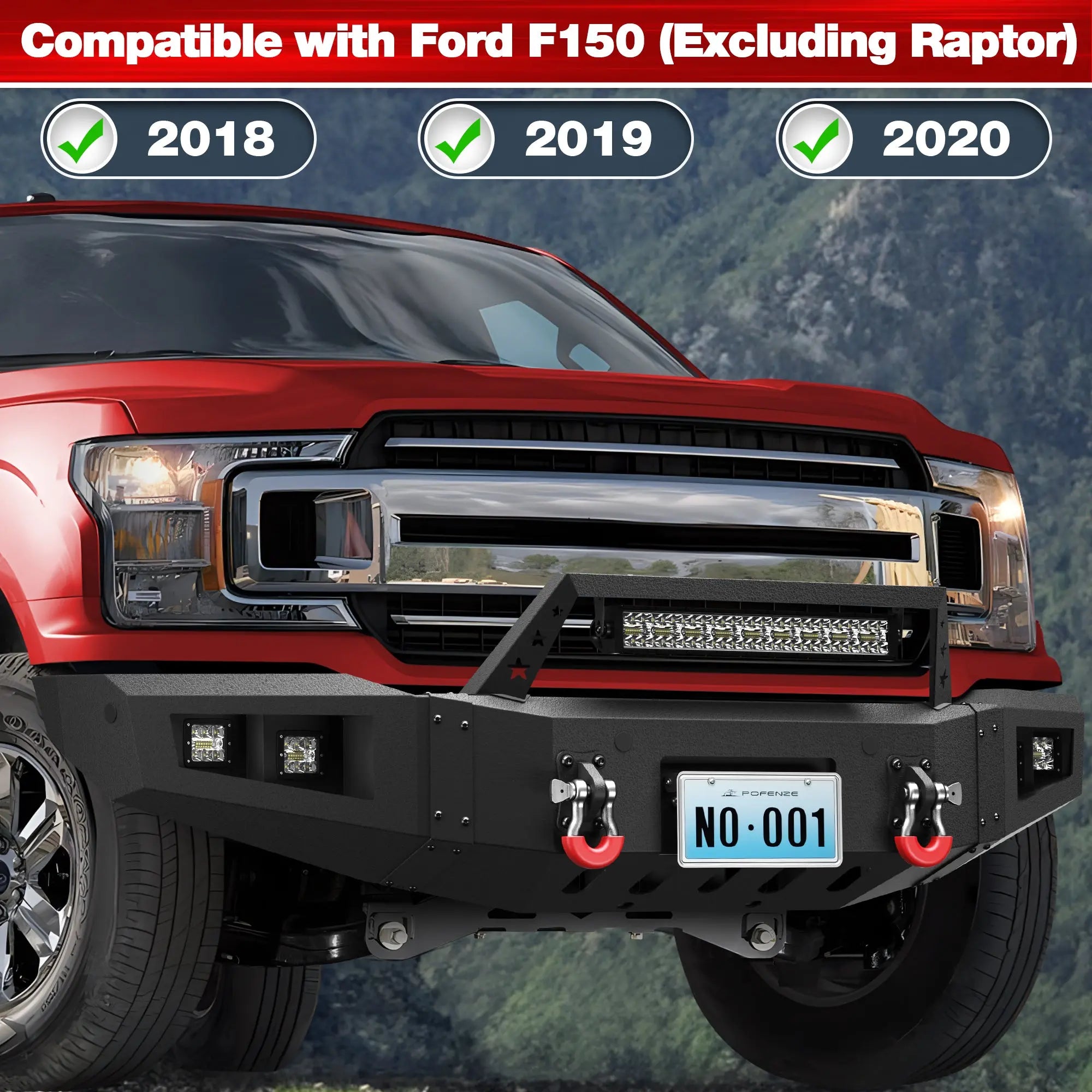 Front Bumper + Rear Bumper Combo for Ford F150 2018 2019 2020 (Excluding Raptor) w/Winch Plate, LED Lights, License Plate Bracket， Textured Black Stainless Steel Pickup Bumper POFENZE
