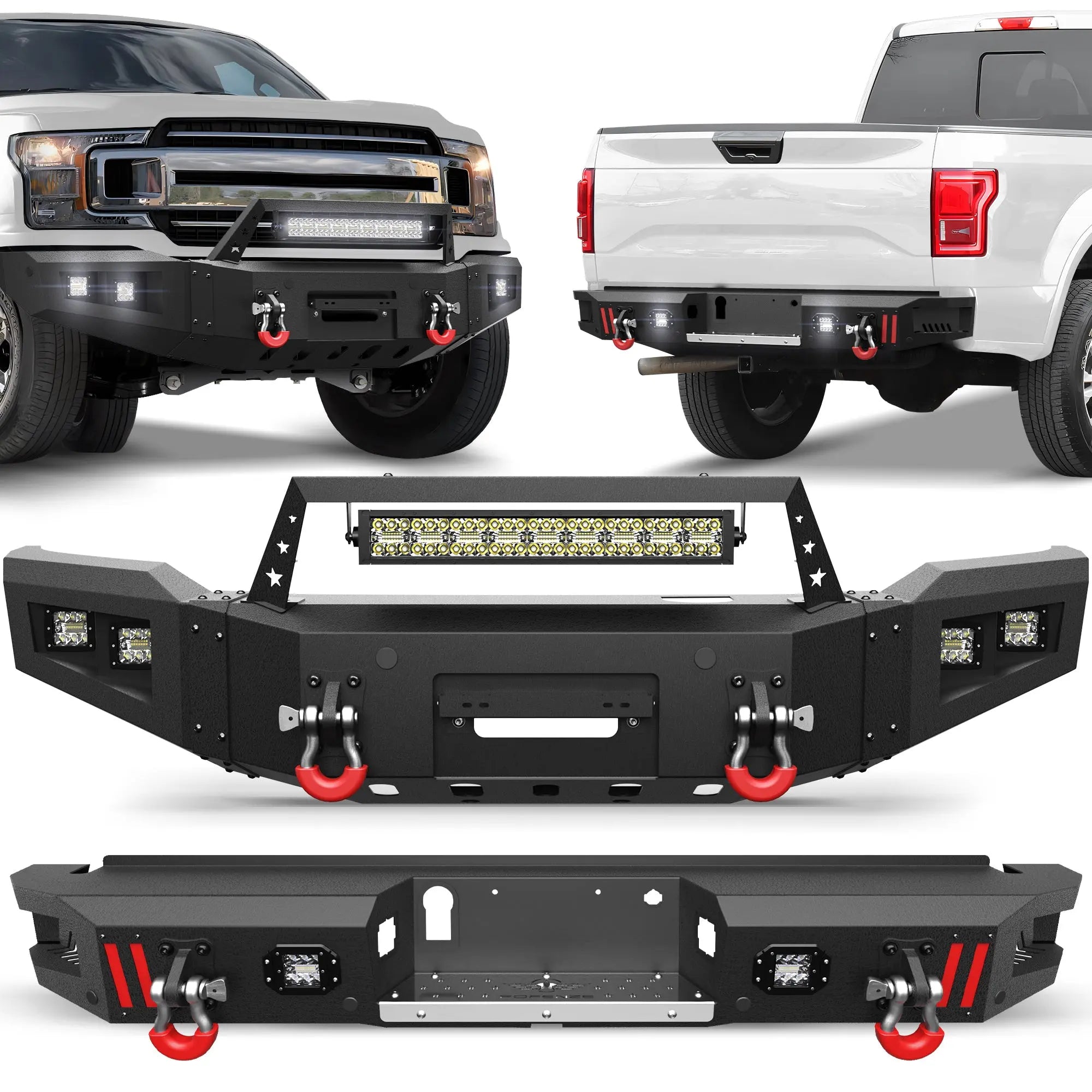 Front Bumper + Rear Bumper Combo for Ford F150 2018 2019 2020 (Excluding Raptor) w/Winch Plate, LED Lights, License Plate Bracket， Textured Black Stainless Steel Pickup Bumper POFENZE