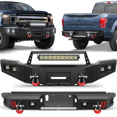 Front Bumper + Rear Bumper Combo for Ford F150 2018 2019 2020 (Excluding Raptor) w/Winch Plate, LED Lights, License Plate Bracket， Textured Black Stainless Steel Pickup Bumper POFENZE