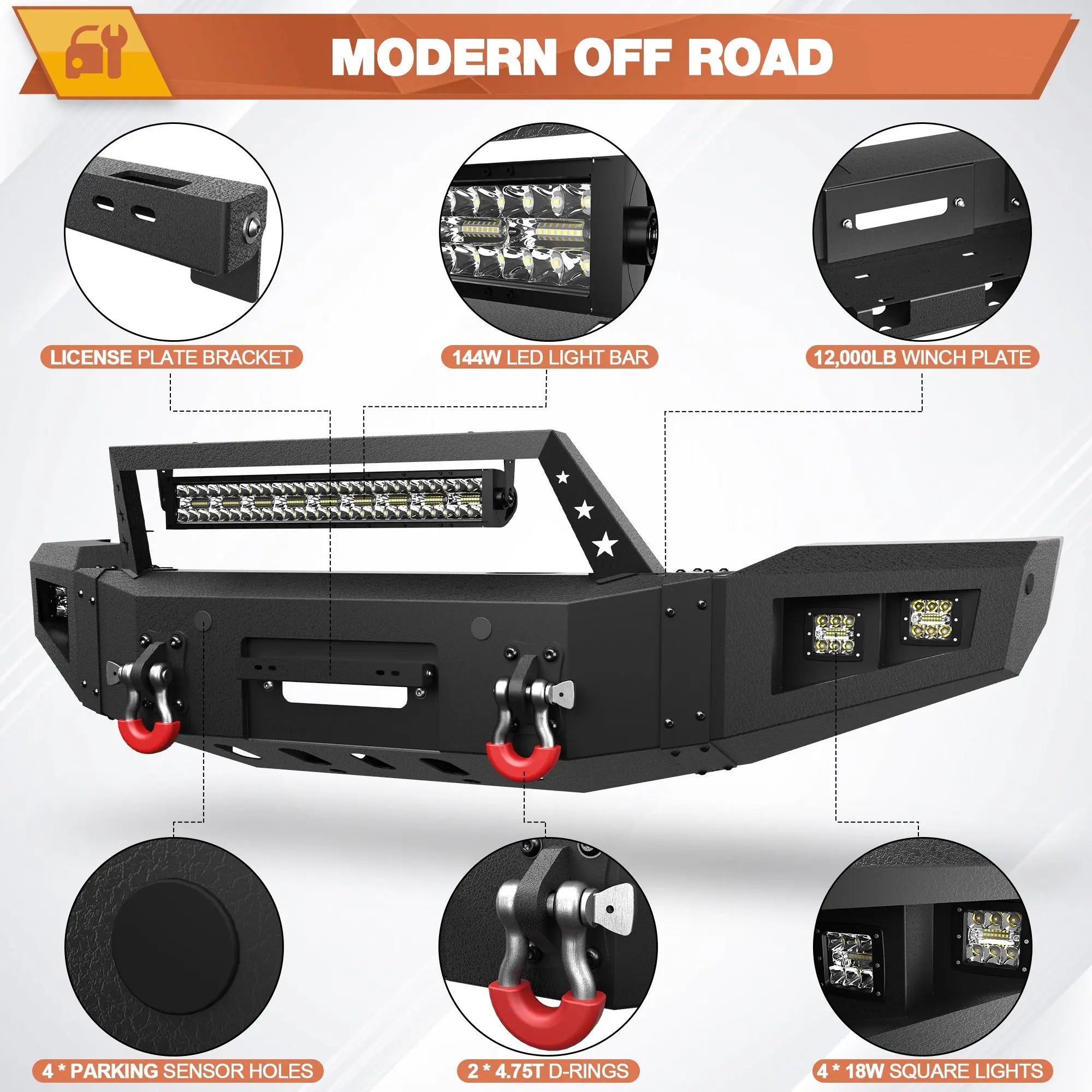 Front Bumper + Rear Bumper Combo for Ford F150 2018 2019 2020 (Excluding Raptor) w/Winch Plate, LED Lights, License Plate Bracket， Textured Black Stainless Steel Pickup Bumper POFENZE