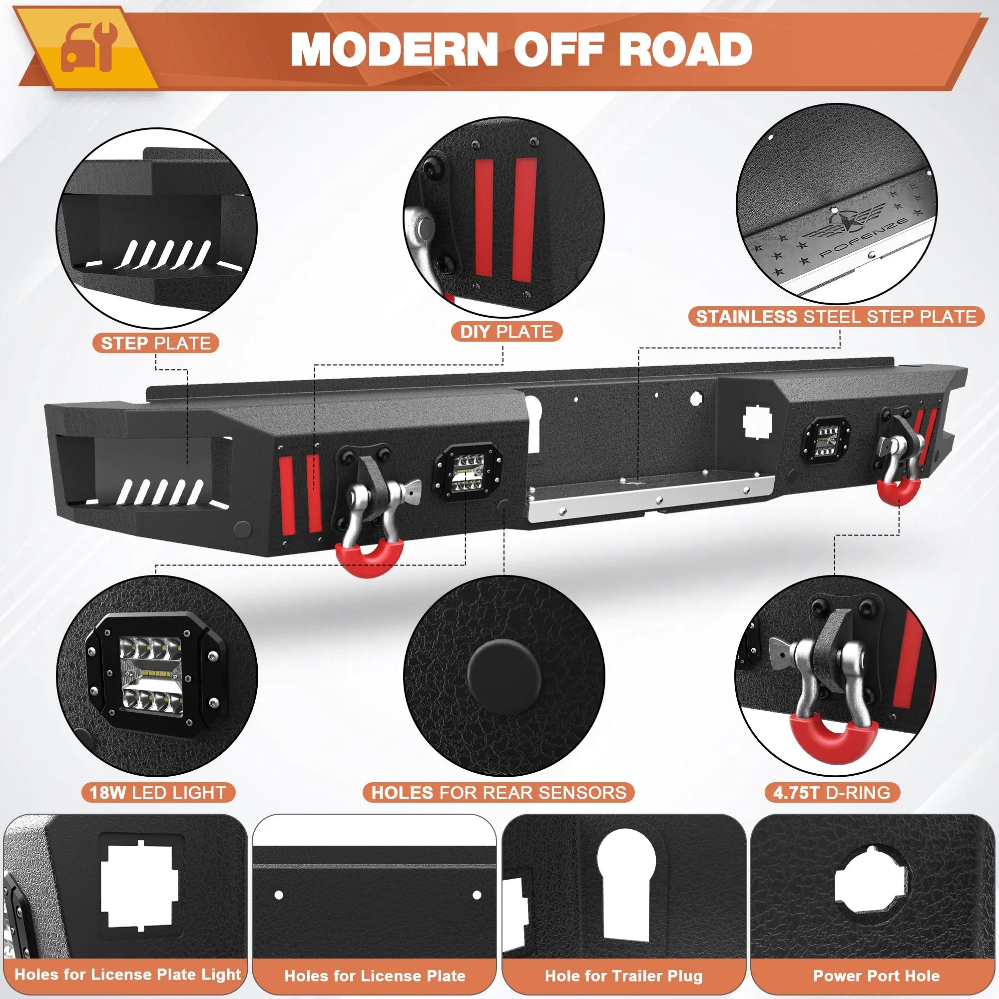 Front Bumper + Rear Bumper Combo for Ford F150 2018 2019 2020 (Excluding Raptor) w/Winch Plate, LED Lights, License Plate Bracket， Textured Black Stainless Steel Pickup Bumper POFENZE