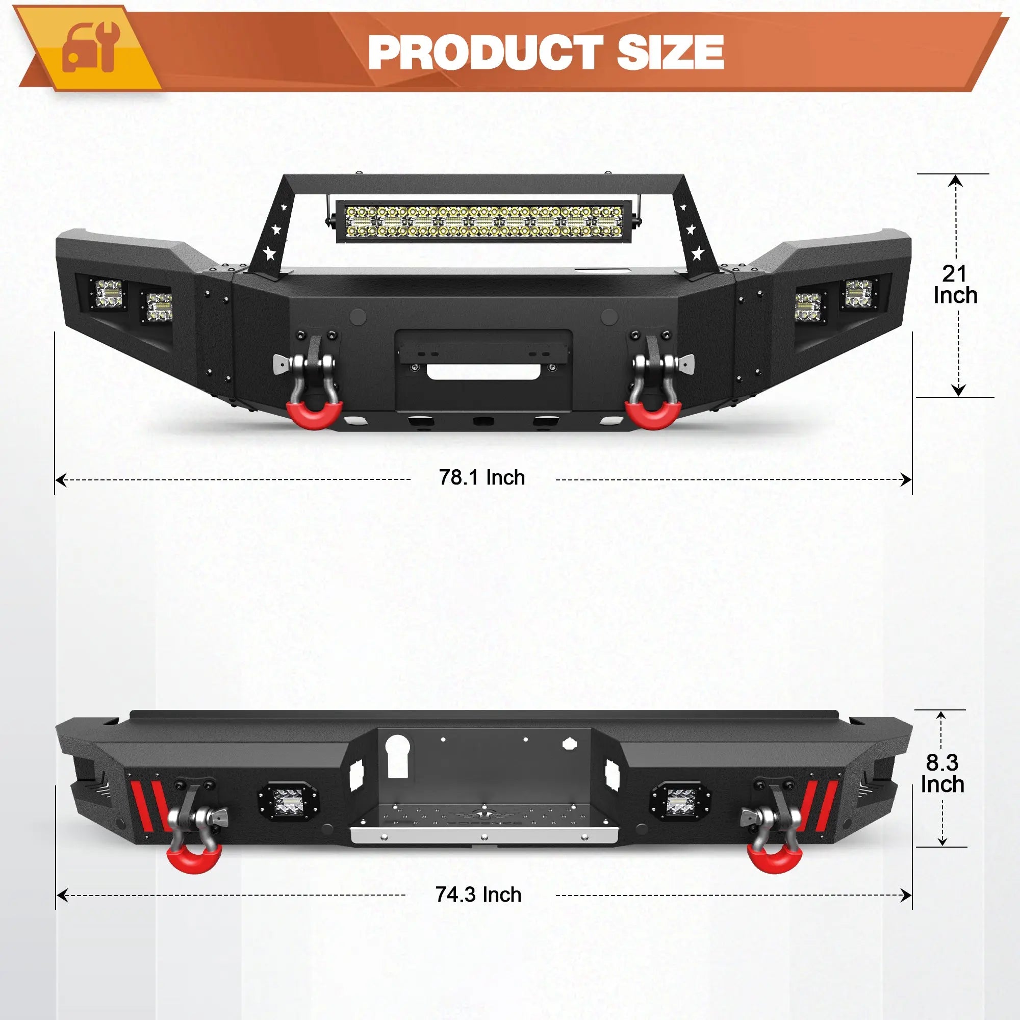 Front Bumper + Rear Bumper Combo for Ford F150 2018 2019 2020 (Excluding Raptor) w/Winch Plate, LED Lights, License Plate Bracket， Textured Black Stainless Steel Pickup Bumper POFENZE