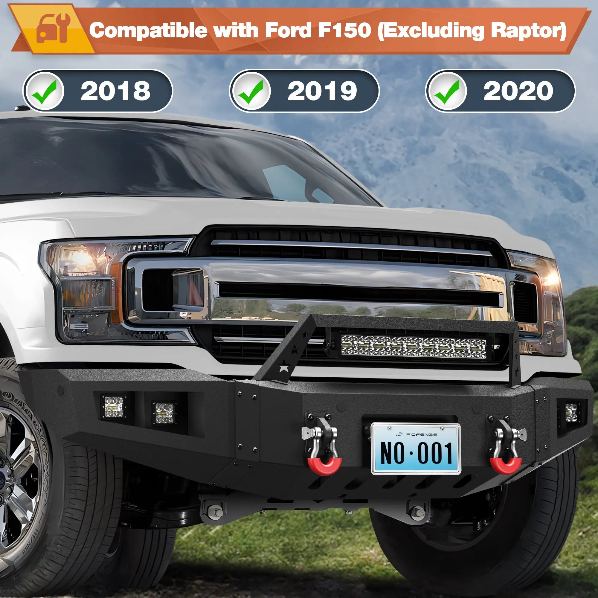 Front Bumper + Rear Bumper Combo for Ford F150 2018 2019 2020 (Excluding Raptor) w/Winch Plate, LED Lights, License Plate Bracket， Textured Black Stainless Steel Pickup Bumper POFENZE