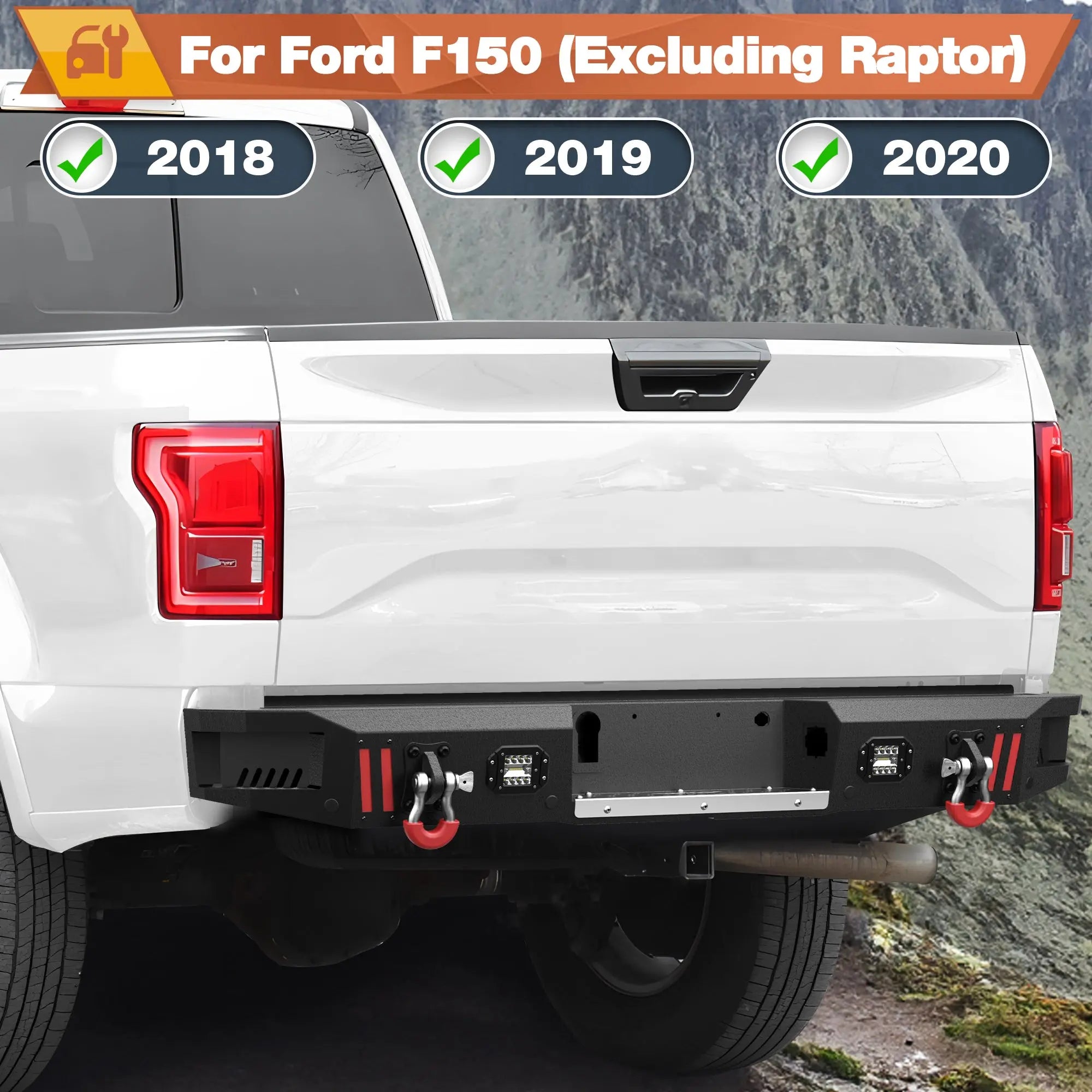 Front Bumper + Rear Bumper Combo for Ford F150 2018 2019 2020 (Excluding Raptor) w/Winch Plate, LED Lights, License Plate Bracket， Textured Black Stainless Steel Pickup Bumper POFENZE