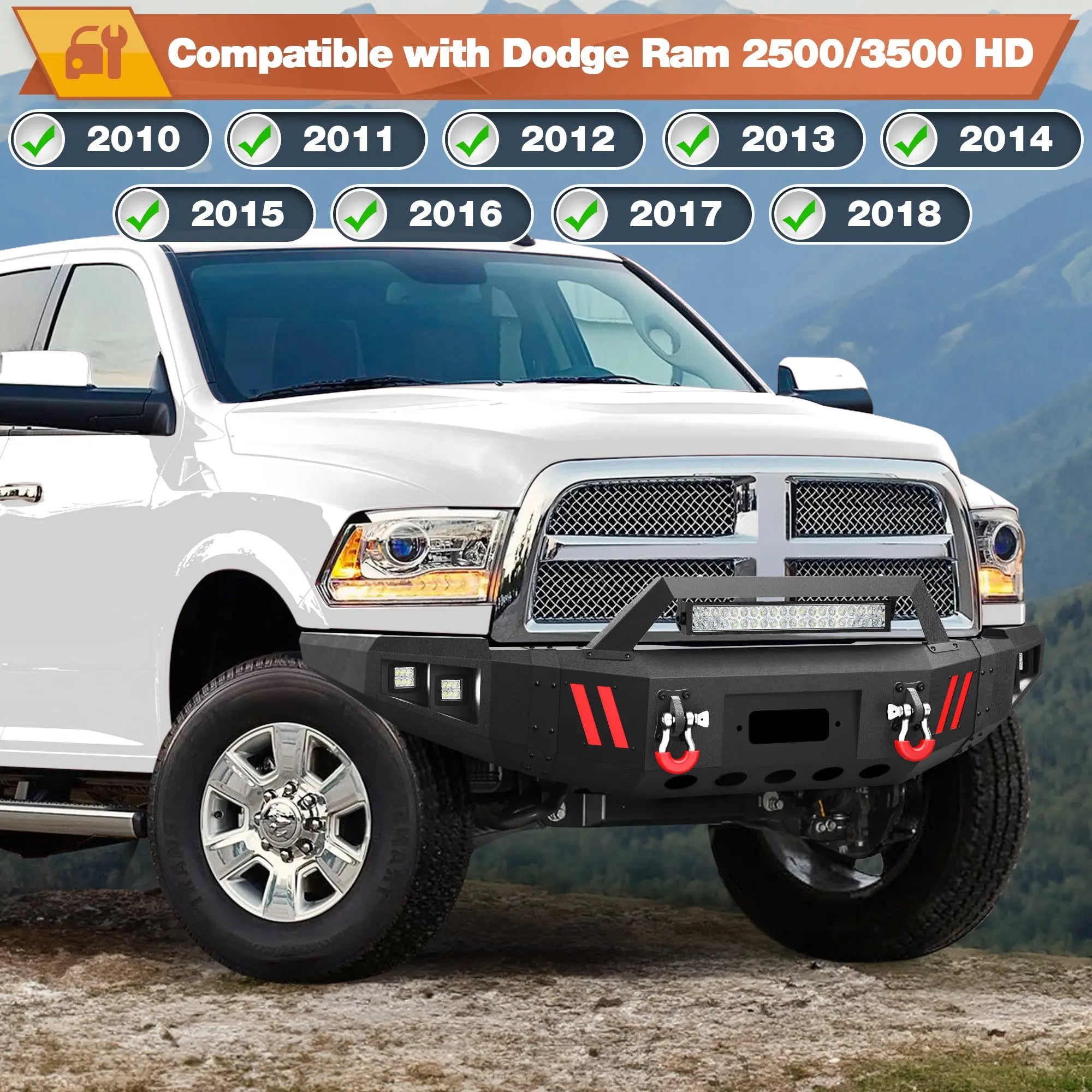 Front Bumper + Rear Bumper for RAM 2500/3500 HD 2010-2018, Full Width Steel Bumper Combo with Winch Plate, LED Light Bar, D-rings, Compatible with 2010-2018 Dodge Ram 2500/3500 HD, Textured Black POFENZE