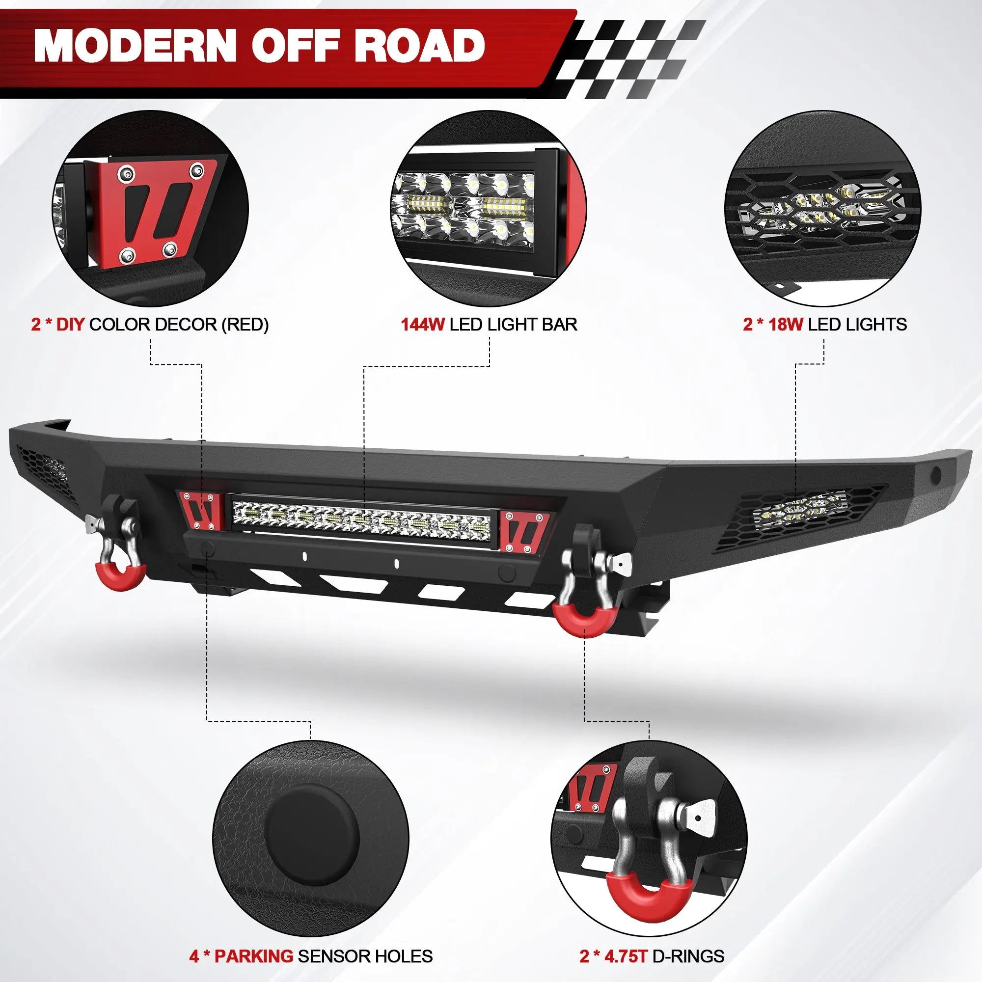Front Bumper and Rear Bumper Fits 2014-2021 Toyota Tundra Front / Rear Truck Bumper With Sensor Holes & LED Lights POFENZE