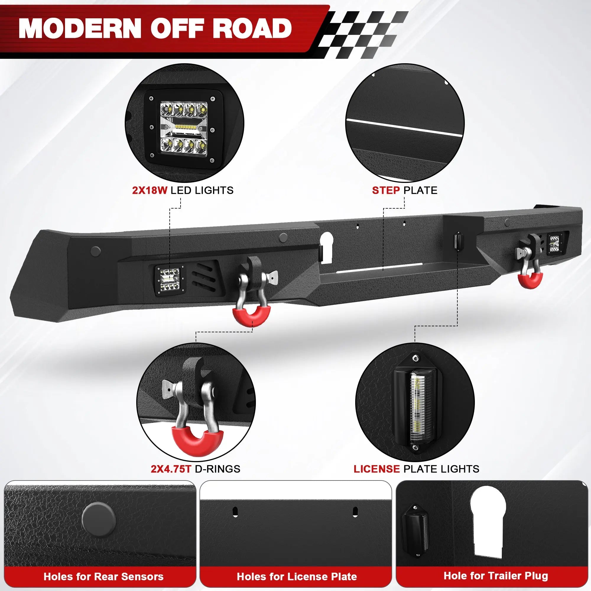 Front Bumper and Rear Bumper Fits 2014-2021 Toyota Tundra Front / Rear Truck Bumper With Sensor Holes & LED Lights POFENZE