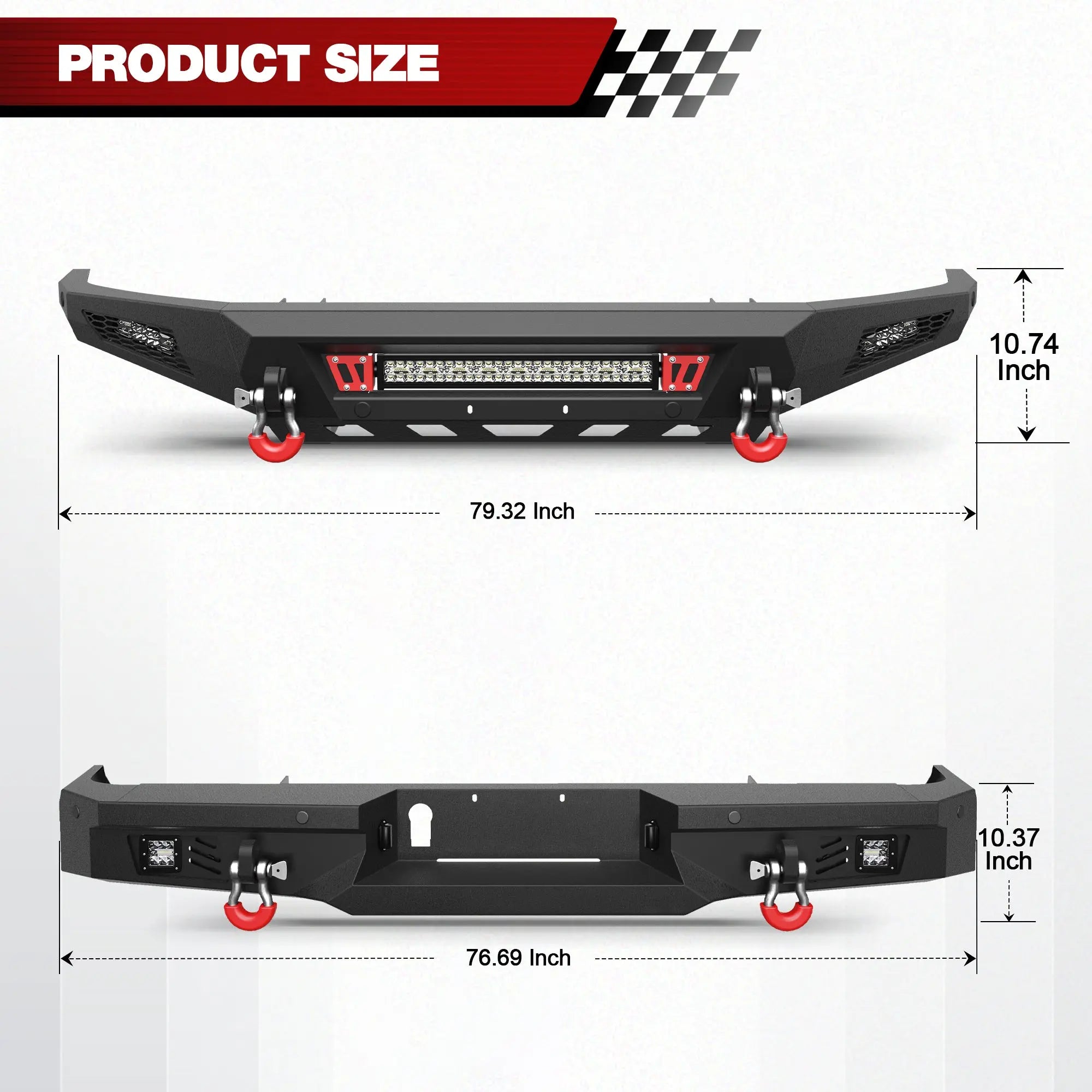 Front Bumper and Rear Bumper Fits 2014-2021 Toyota Tundra Front / Rear Truck Bumper With Sensor Holes & LED Lights POFENZE