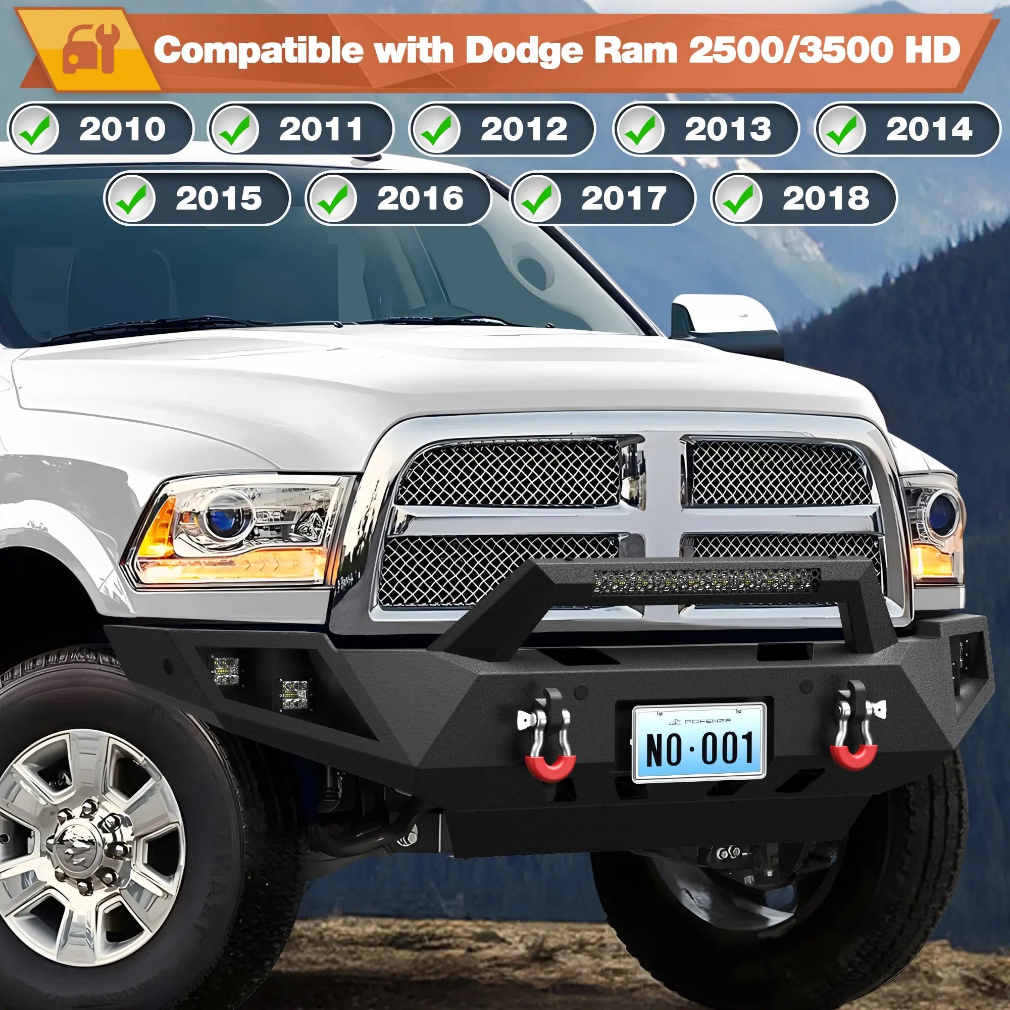 Front Bumper and Rear Bumper for RAM 2500/3500 2010-2018, Full Width Steel Bumper Combo with Winch Plate, LED Light Bar, D-rings, Compatible with 2010-2018 Dodge Ram 2500/3500, Textured Black POFENZE