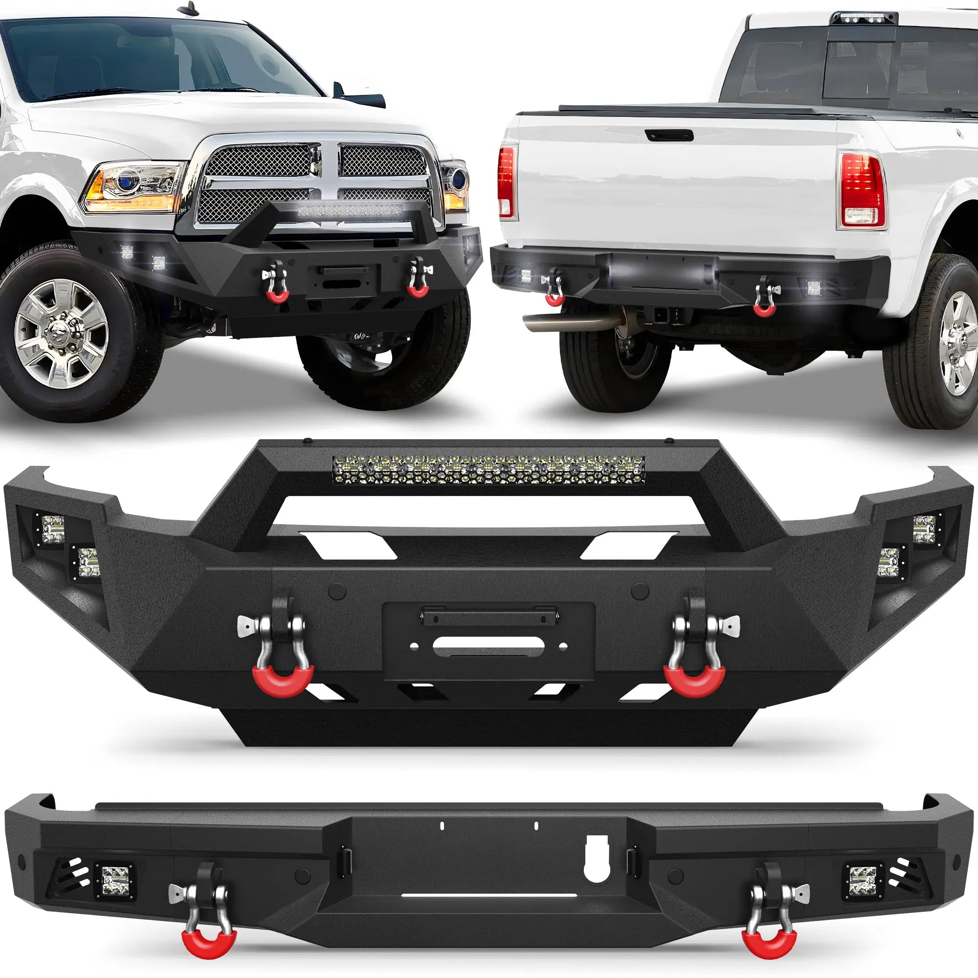 Front Bumper and Rear Bumper for RAM 2500/3500 2010-2018, Full Width Steel Bumper Combo with Winch Plate, LED Light Bar, D-rings, Compatible with 2010-2018 Dodge Ram 2500/3500, Textured Black POFENZE