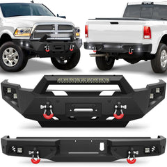 Front Bumper and Rear Bumper for RAM 2500/3500 2010-2018, Full Width Steel Bumper Combo with Winch Plate, LED Light Bar, D-rings, Compatible with 2010-2018 Dodge Ram 2500/3500, Textured Black POFENZE
