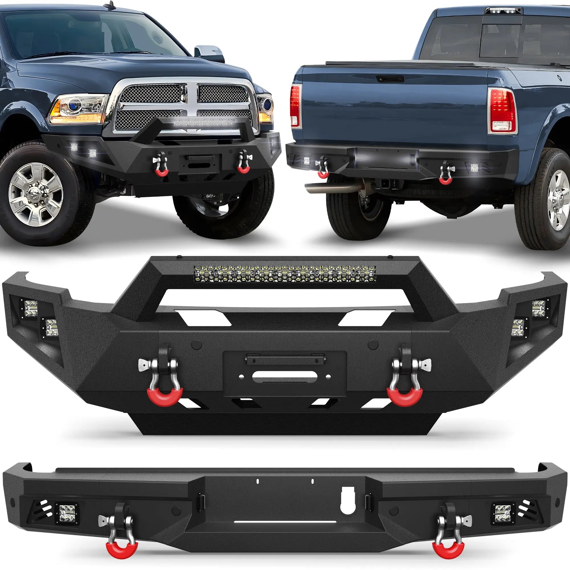 Front Bumper and Rear Bumper for RAM 2500/3500 2010-2018, Full Width Steel Bumper Combo with Winch Plate, LED Light Bar, D-rings, Compatible with 2010-2018 Dodge Ram 2500/3500, Textured Black POFENZE