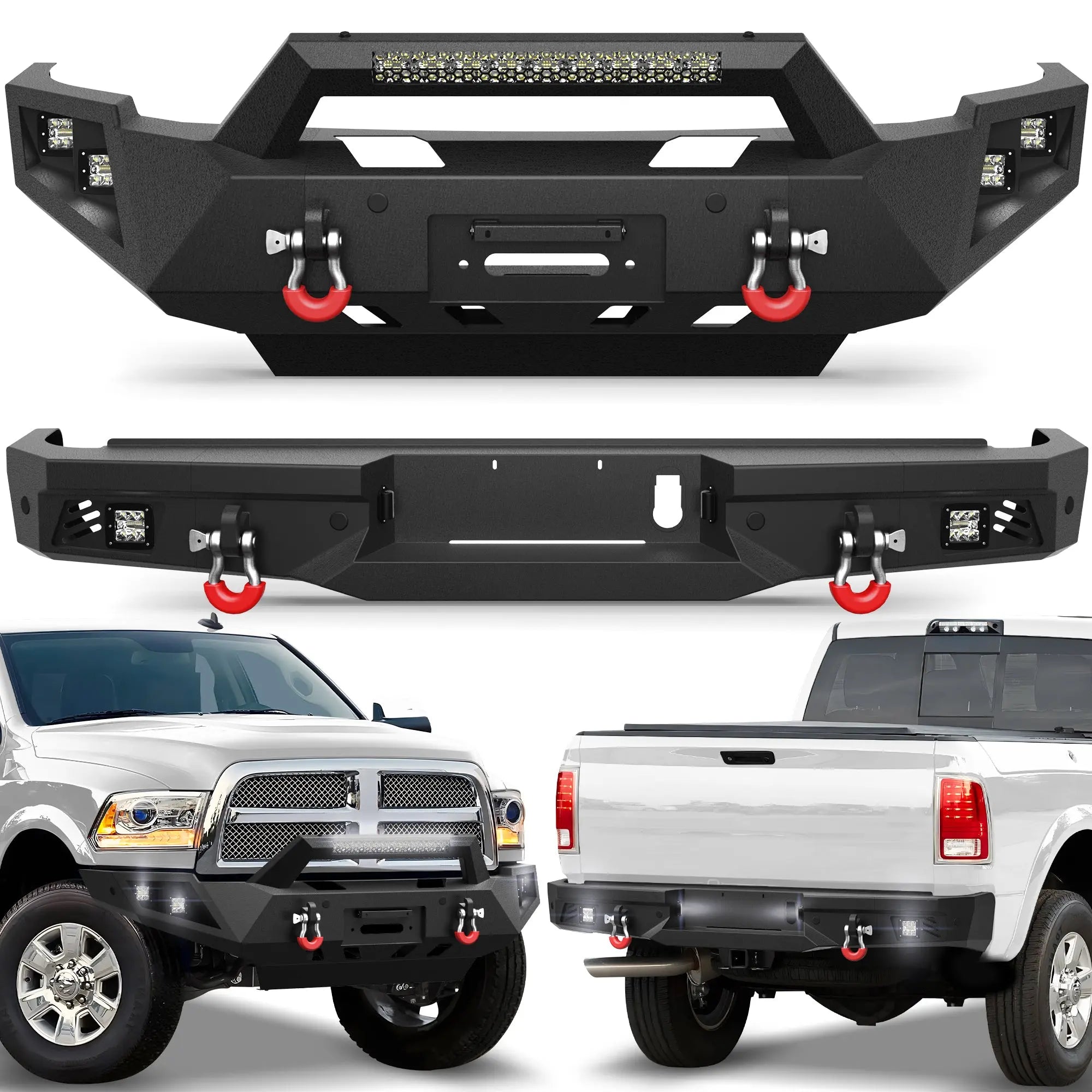 Front Bumper and Rear Bumper for RAM 2500/3500 2010-2018, Full Width Steel Bumper Combo with Winch Plate, LED Light Bar, D-rings, Compatible with 2010-2018 Dodge Ram 2500/3500, Textured Black POFENZE