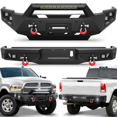 Front Bumper and Rear Bumper for RAM 2500/3500 2010-2018, Full Width Steel Bumper Combo with Winch Plate, LED Light Bar, D-rings, Compatible with 2010-2018 Dodge Ram 2500/3500, Textured Black POFENZE