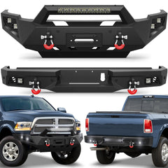 Front Bumper and Rear Bumper for RAM 2500/3500 2010-2018, Full Width Steel Bumper Combo with Winch Plate, LED Light Bar, D-rings, Compatible with 2010-2018 Dodge Ram 2500/3500, Textured Black POFENZE