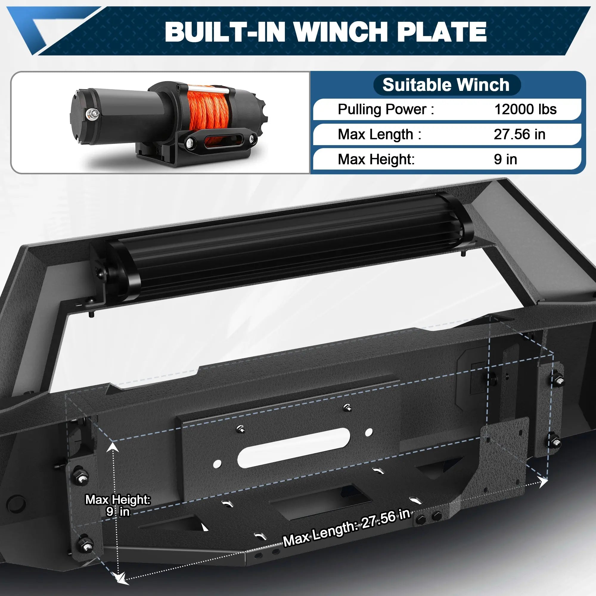 Front Bumper for 1992-1997 F150 Full Width Offroad Bumper w/Winch Plate, 144W Light Bar, 4x18w Lights, D-rings, License Plate Bracket Trucks Bumper for 1992-1997 Ford F150 F250 F350 POFENZE