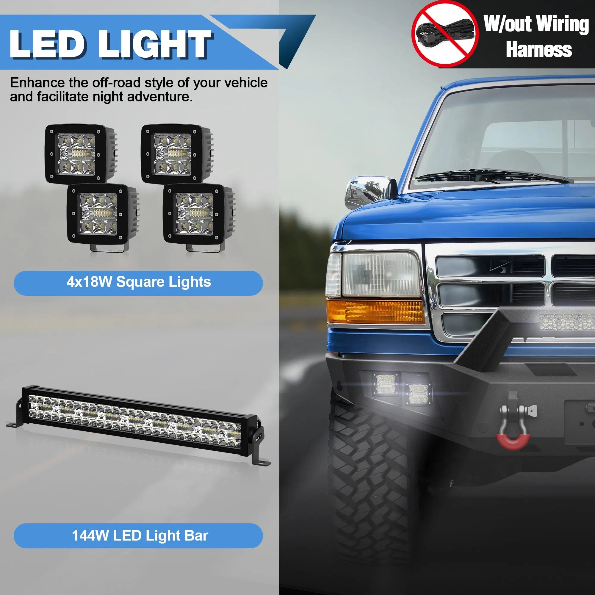 Front Bumper for 1992-1997 F150 Full Width Offroad Bumper w/Winch Plate, 144W Light Bar, 4x18w Lights, D-rings, License Plate Bracket Trucks Bumper for 1992-1997 Ford F150 F250 F350 POFENZE