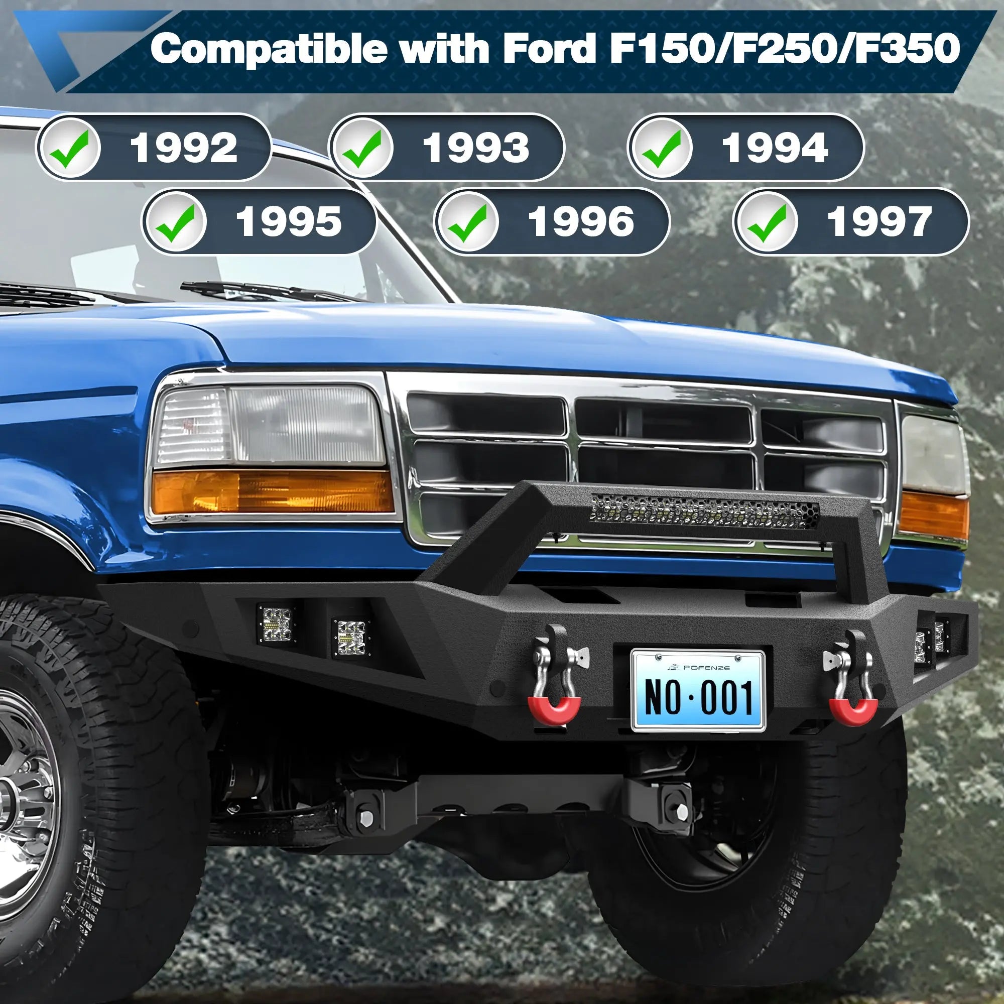 Front Bumper for 1992-1997 F150 Full Width Offroad Bumper w/Winch Plate, 144W Light Bar, 4x18w Lights, D-rings, License Plate Bracket Trucks Bumper for 1992-1997 Ford F150 F250 F350 POFENZE