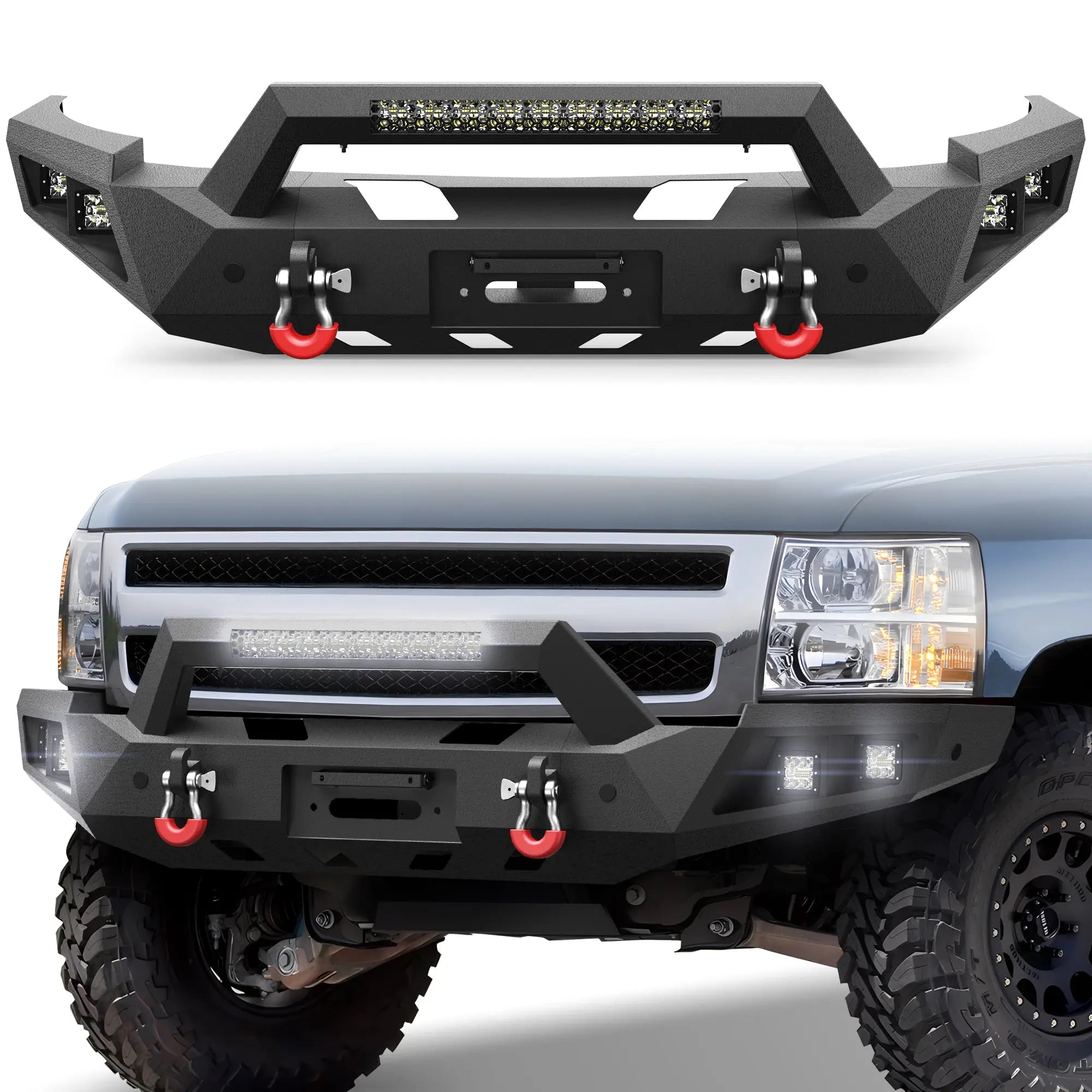Front Bumper for 2007-2013 Chevrolet Silverado 1500 Chevy Bumper w/Winch Plate, LED Lights, D-rings and License Plate Bracket POFENZE