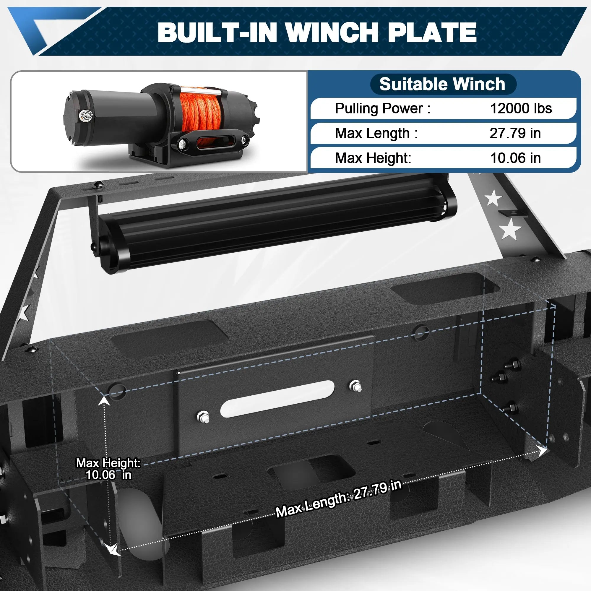 Front Bumper for 2007-2013 Chevy Silverado 1500 Full Width Offroad Bumper w/Winch Plate, 144W Light Bar, 4x18w Lights, D-rings, License Plate Bracket POFENZE