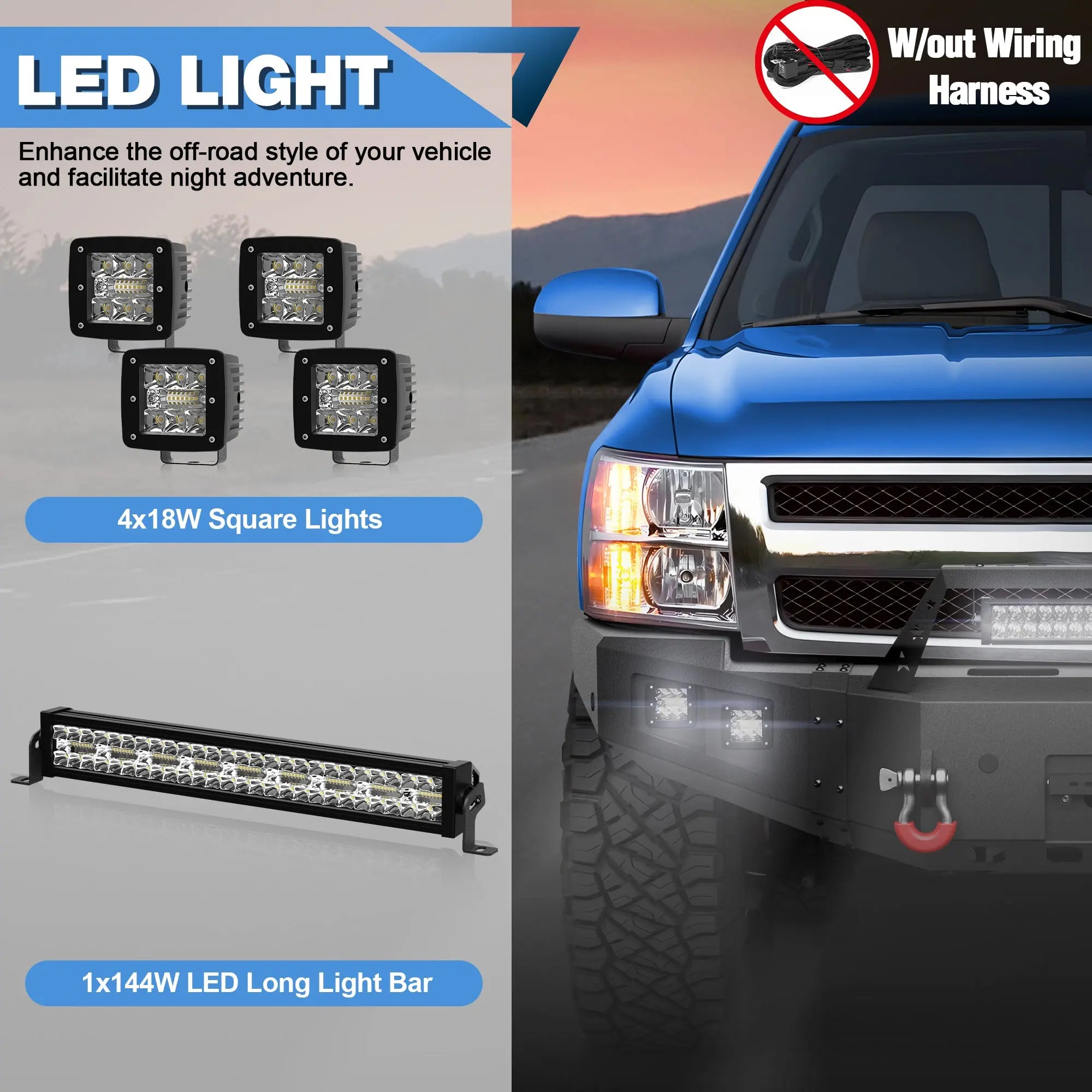Front Bumper for 2007-2013 Chevy Silverado 1500 Full Width Offroad Bumper w/Winch Plate, 144W Light Bar, 4x18w Lights, D-rings, License Plate Bracket POFENZE