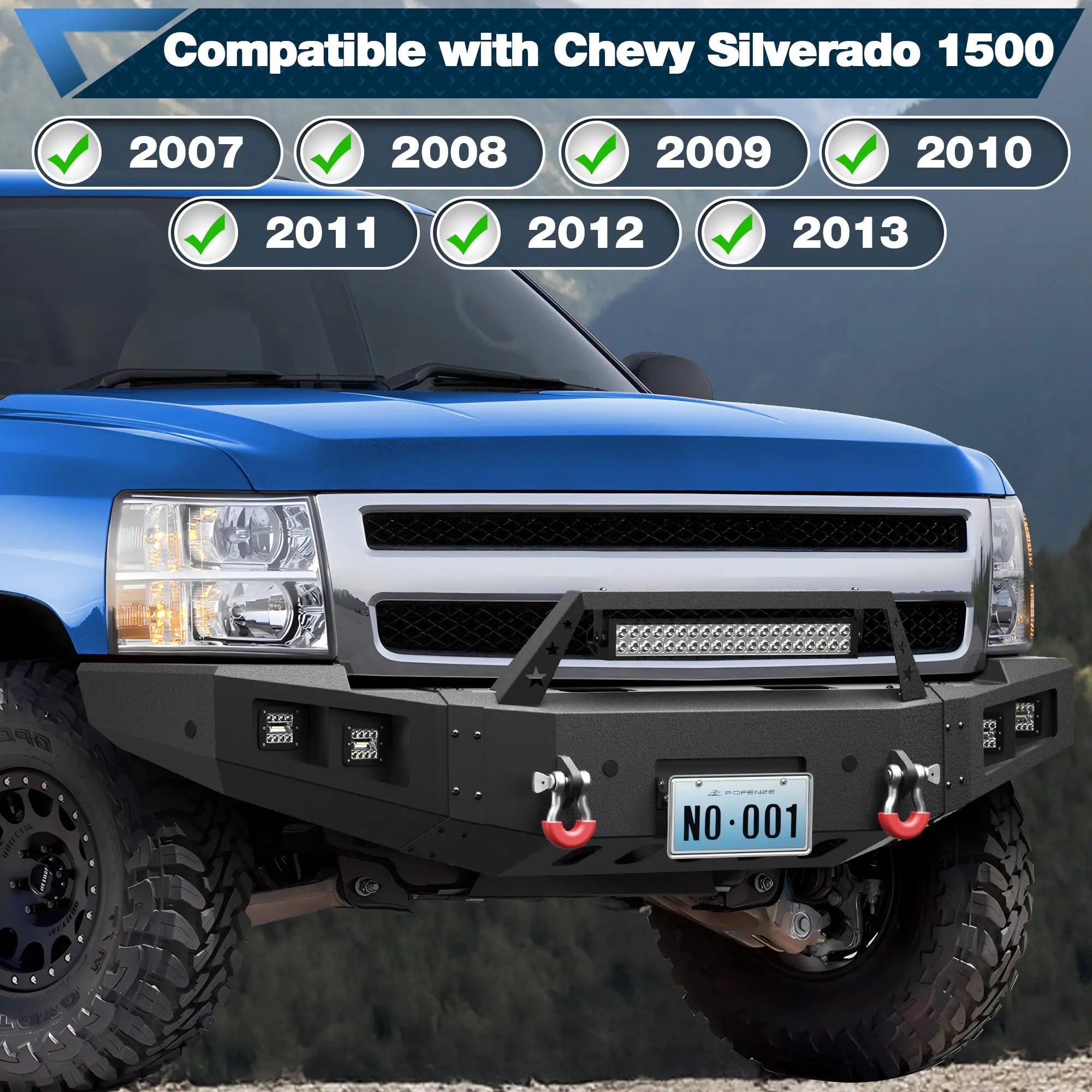 Front Bumper for 2007-2013 Chevy Silverado 1500 Full Width Offroad Bumper w/Winch Plate, 144W Light Bar, 4x18w Lights, D-rings, License Plate Bracket POFENZE