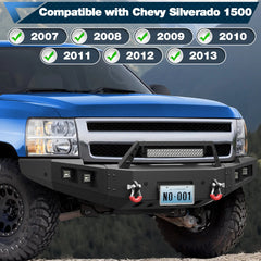 Front Bumper for 2007-2013 Chevy Silverado 1500 Full Width Offroad Bumper w/Winch Plate, 144W Light Bar, 4x18w Lights, D-rings, License Plate Bracket POFENZE