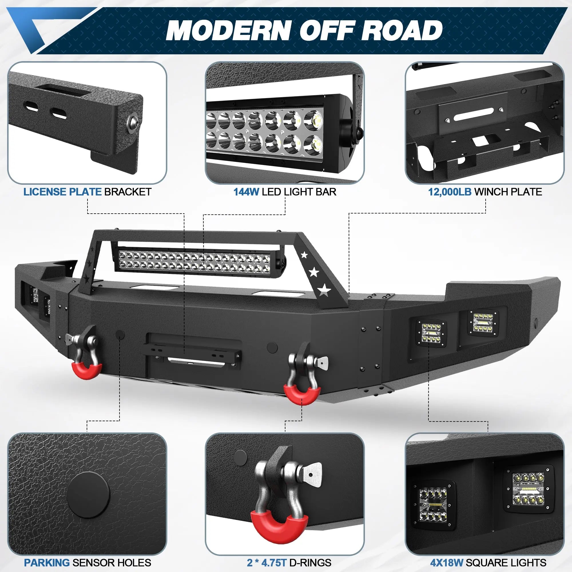 Front Bumper for 2007-2013 Chevy Silverado 1500 Full Width Offroad Bumper w/Winch Plate, 144W Light Bar, 4x18w Lights, D-rings, License Plate Bracket POFENZE