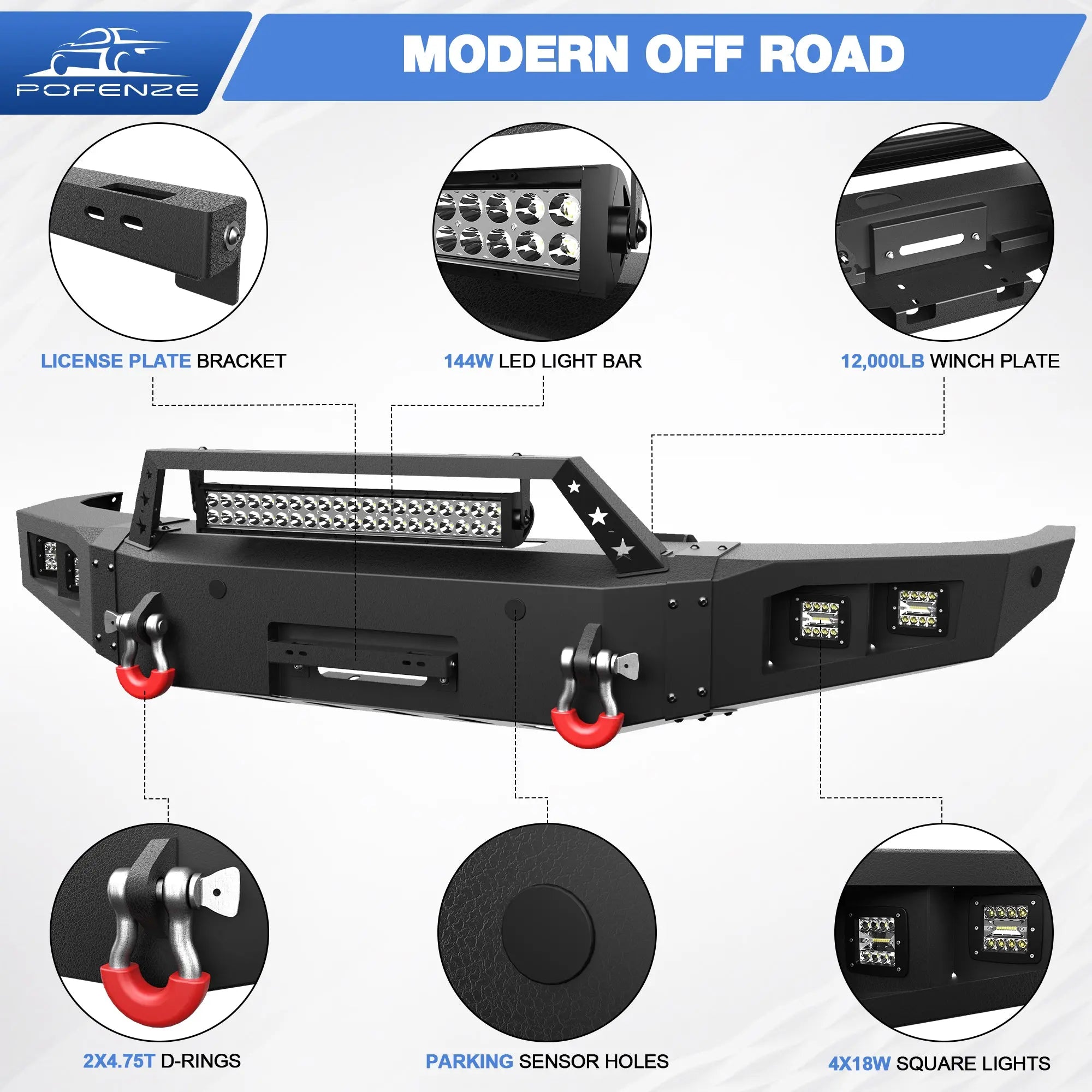 Front Bumper for 2014-2015 Chevy Silverado 1500 Full Width Offroad Bumper w/Winch Plate, 144W Light Bar, 4x18w Lights, D-rings, License Plate Bracket POFENZE