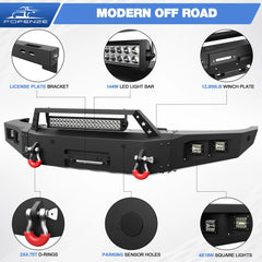 Front Bumper for 2014-2015 Chevy Silverado 1500 Full Width Offroad Bumper w/Winch Plate, 144W Light Bar, 4x18w Lights, D-rings, License Plate Bracket POFENZE