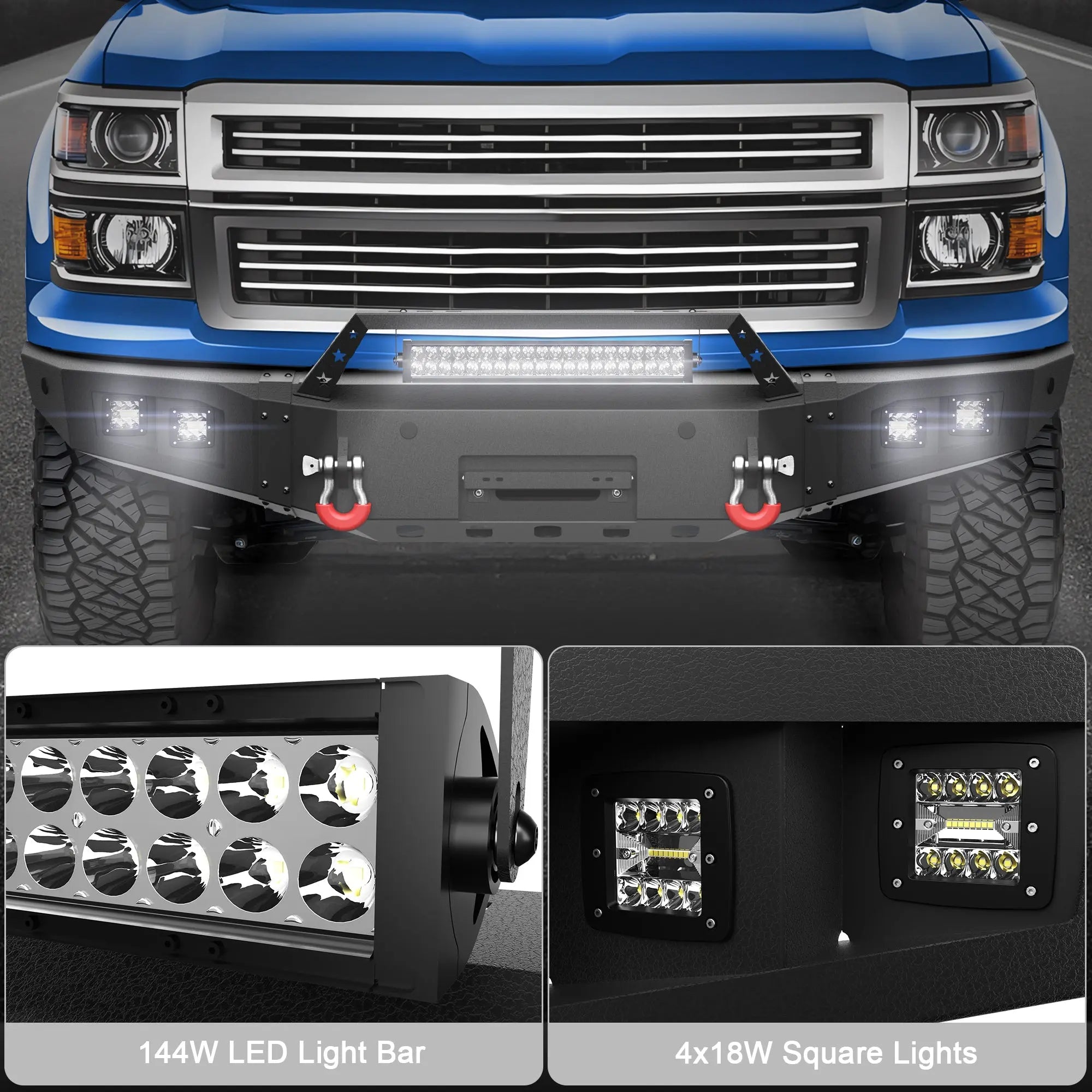 Front Bumper for 2014-2015 Chevy Silverado 1500 Full Width Offroad Bumper w/Winch Plate, 144W Light Bar, 4x18w Lights, D-rings, License Plate Bracket POFENZE