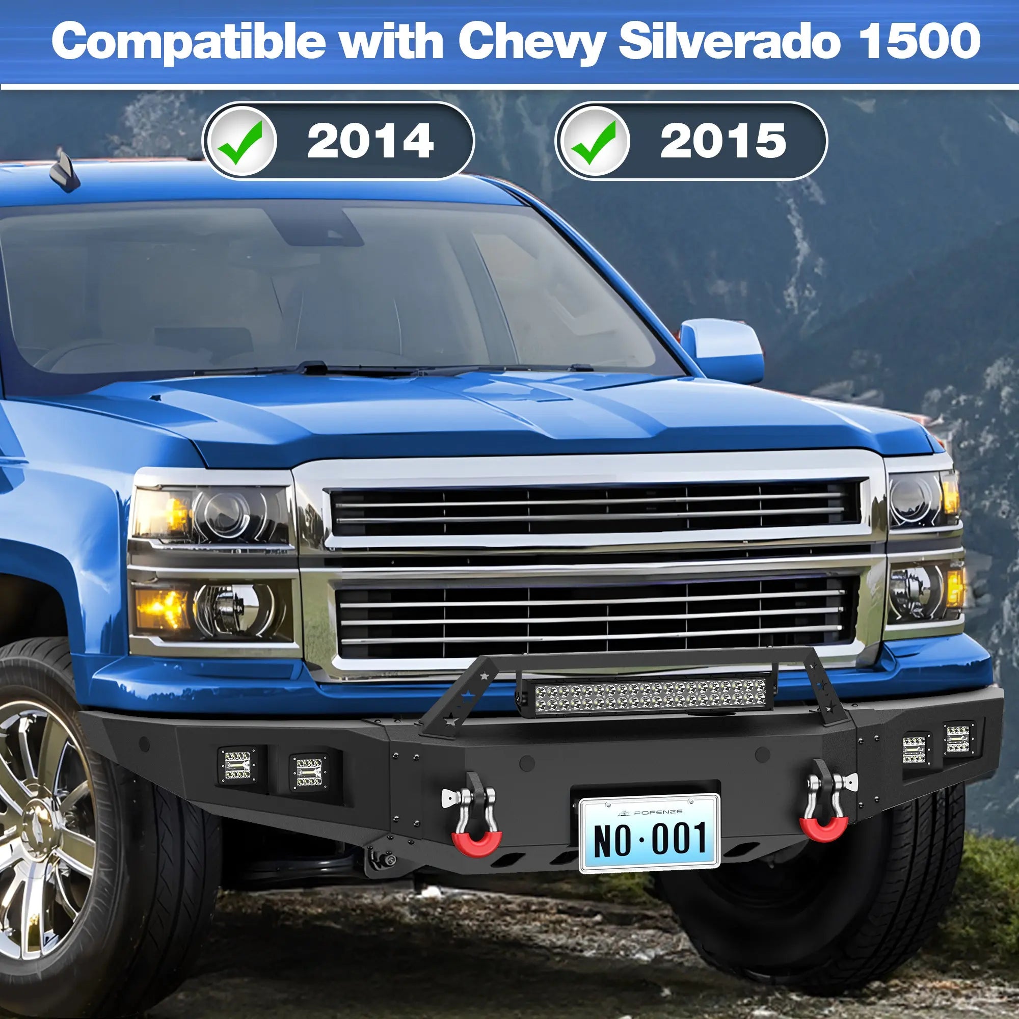 Front Bumper for 2014-2015 Chevy Silverado 1500 Full Width Offroad Bumper w/Winch Plate, 144W Light Bar, 4x18w Lights, D-rings, License Plate Bracket POFENZE