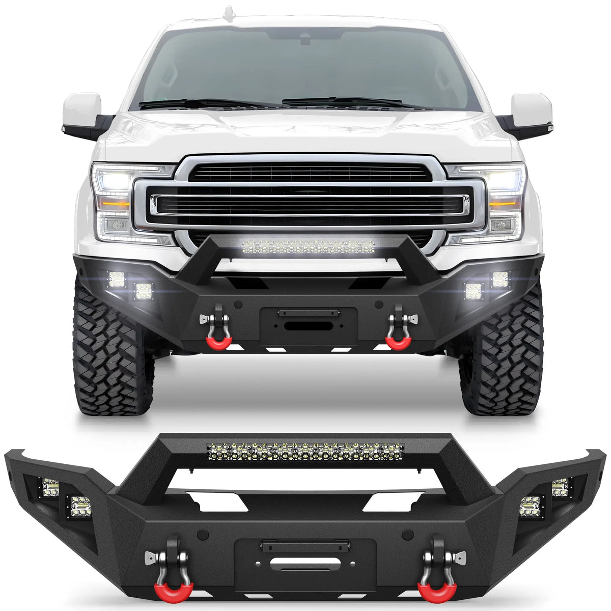Front Bumper for 2018-2020 Ford F150 Pickup Trucks (Excluding Raptor) Full Width Offroad Bumper w/Winch Plate, 144W Light Bar, 4x18w Lights, D-rings, License Plate Bracket&nbsp; POFENZE