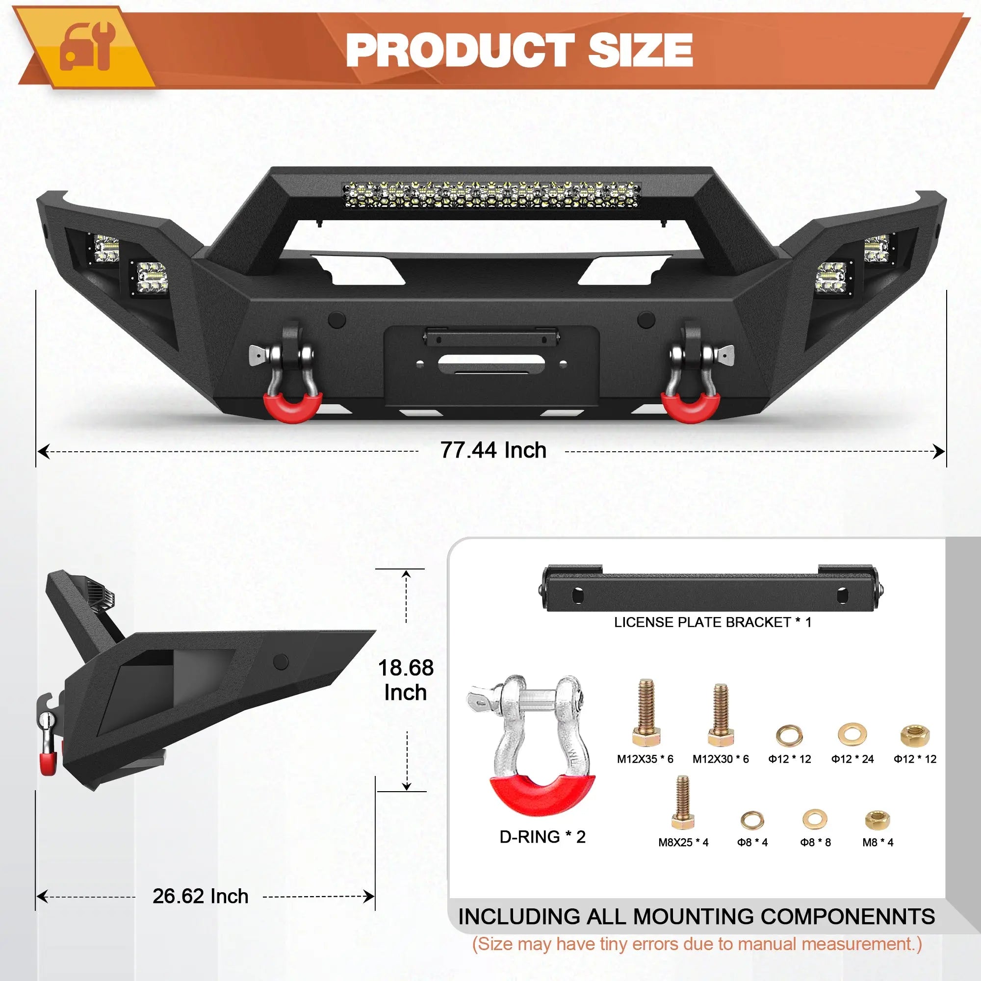 Front Bumper for 2018-2020 Ford F150 Pickup Trucks (Excluding Raptor) Full Width Offroad Bumper w/Winch Plate, 144W Light Bar, 4x18w Lights, D-rings, License Plate Bracket&nbsp; POFENZE