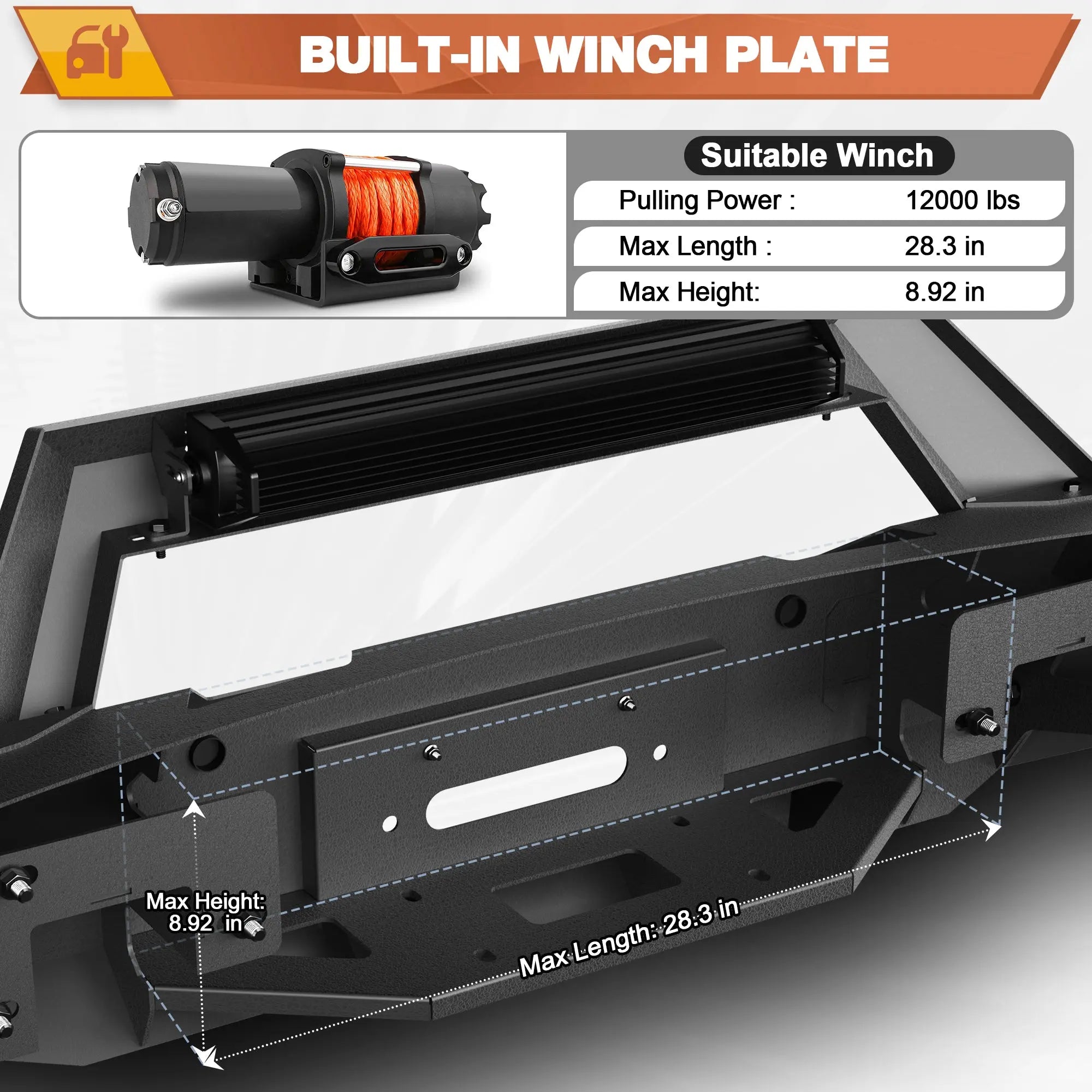 Front Bumper for 2018-2020 Ford F150 Pickup Trucks (Excluding Raptor) Full Width Offroad Bumper w/Winch Plate, 144W Light Bar, 4x18w Lights, D-rings, License Plate Bracket&nbsp; POFENZE