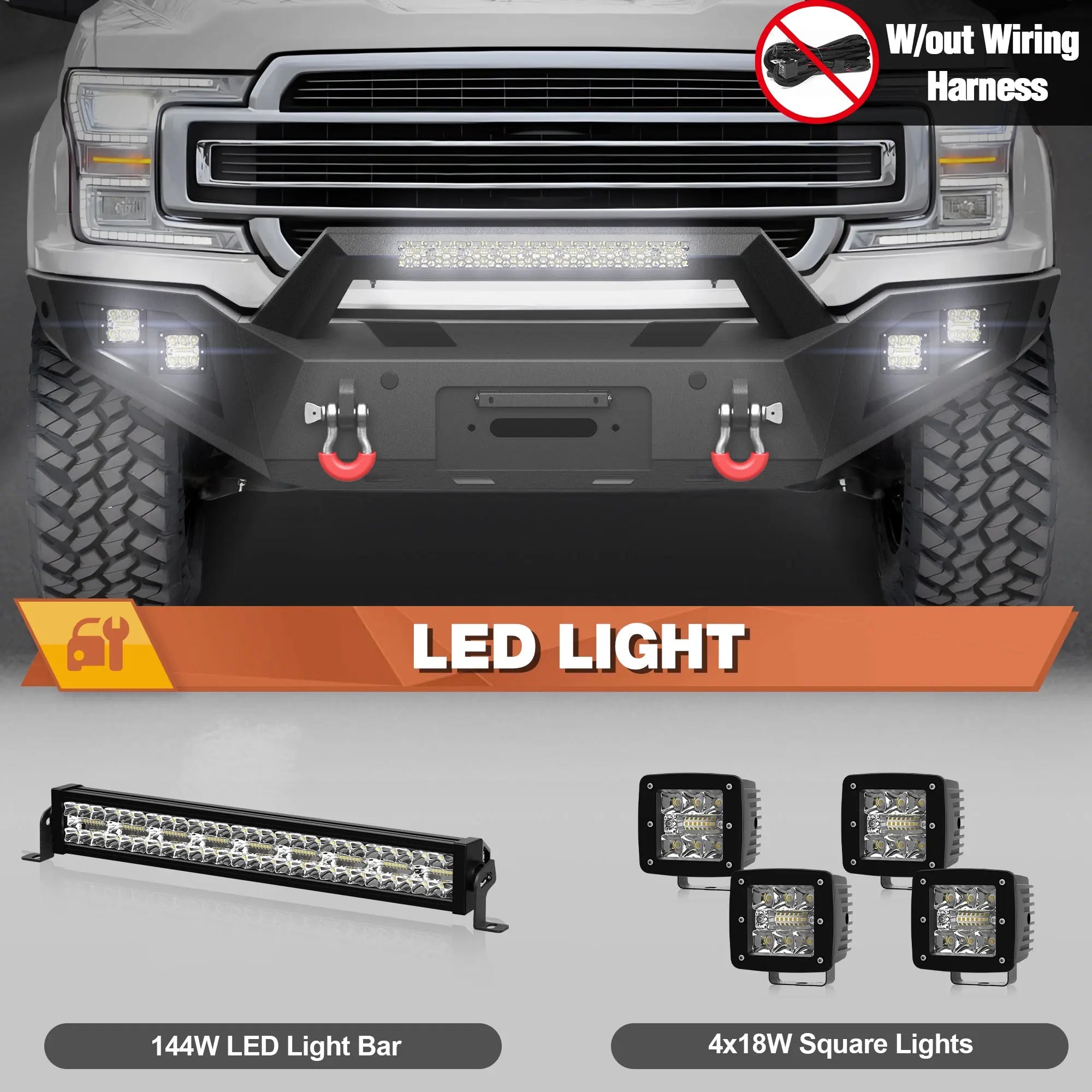 Front Bumper for 2018-2020 Ford F150 Pickup Trucks (Excluding Raptor) Full Width Offroad Bumper w/Winch Plate, 144W Light Bar, 4x18w Lights, D-rings, License Plate Bracket&nbsp; POFENZE