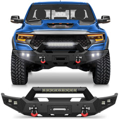 Front Bumper for 2021-2024 Ram 1500 TRX Pickup, w/Winch Plate, LED Lights, D-rings and License Plate Bracket (Ram 1500 TRX only) POFENZE