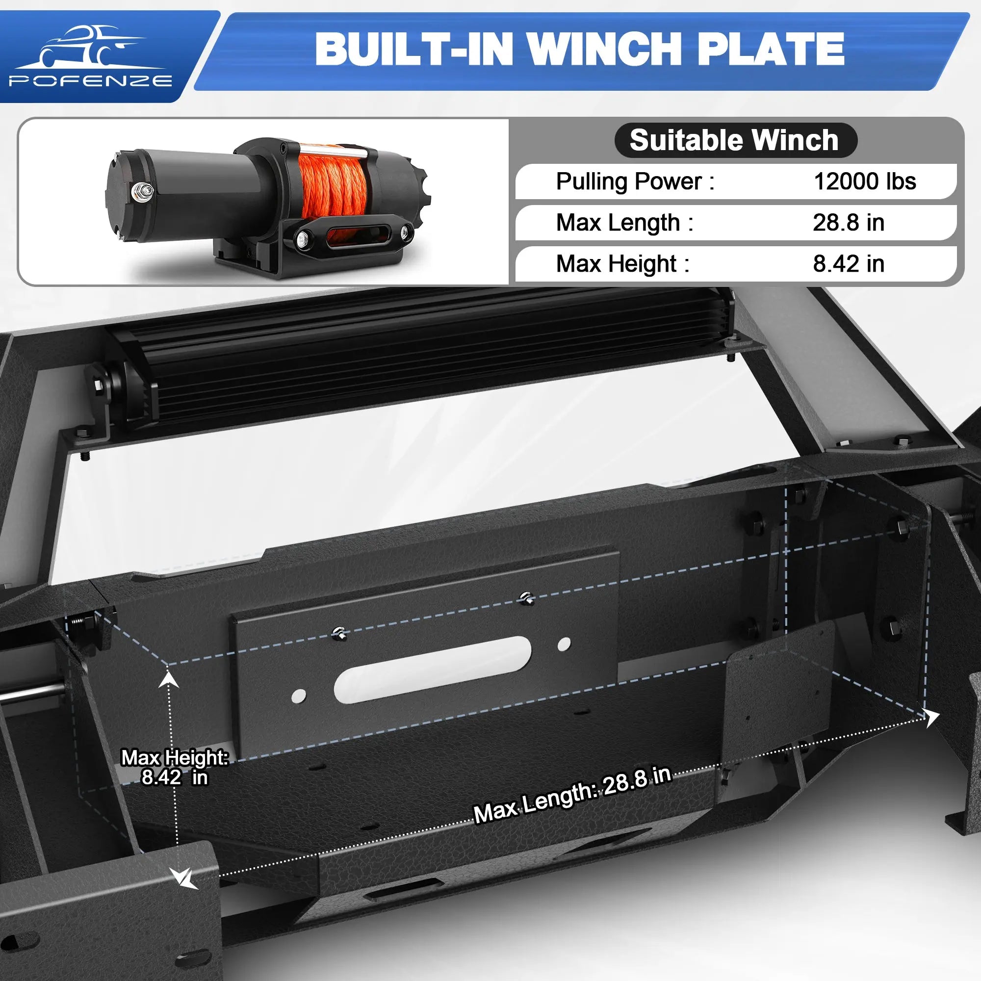 Front Bumper w/Winch Plate, 144W Light Bar, 4x18w Lights, D-rings, License Plate Bracket for Toyota Tacoma 3rd Gen 2016-2023 POFENZE