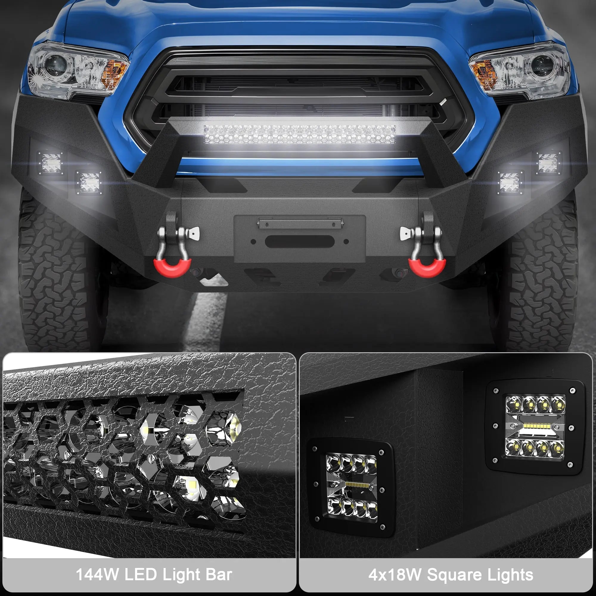 Front Bumper w/Winch Plate, 144W Light Bar, 4x18w Lights, D-rings, License Plate Bracket for Toyota Tacoma 3rd Gen 2016-2023 POFENZE